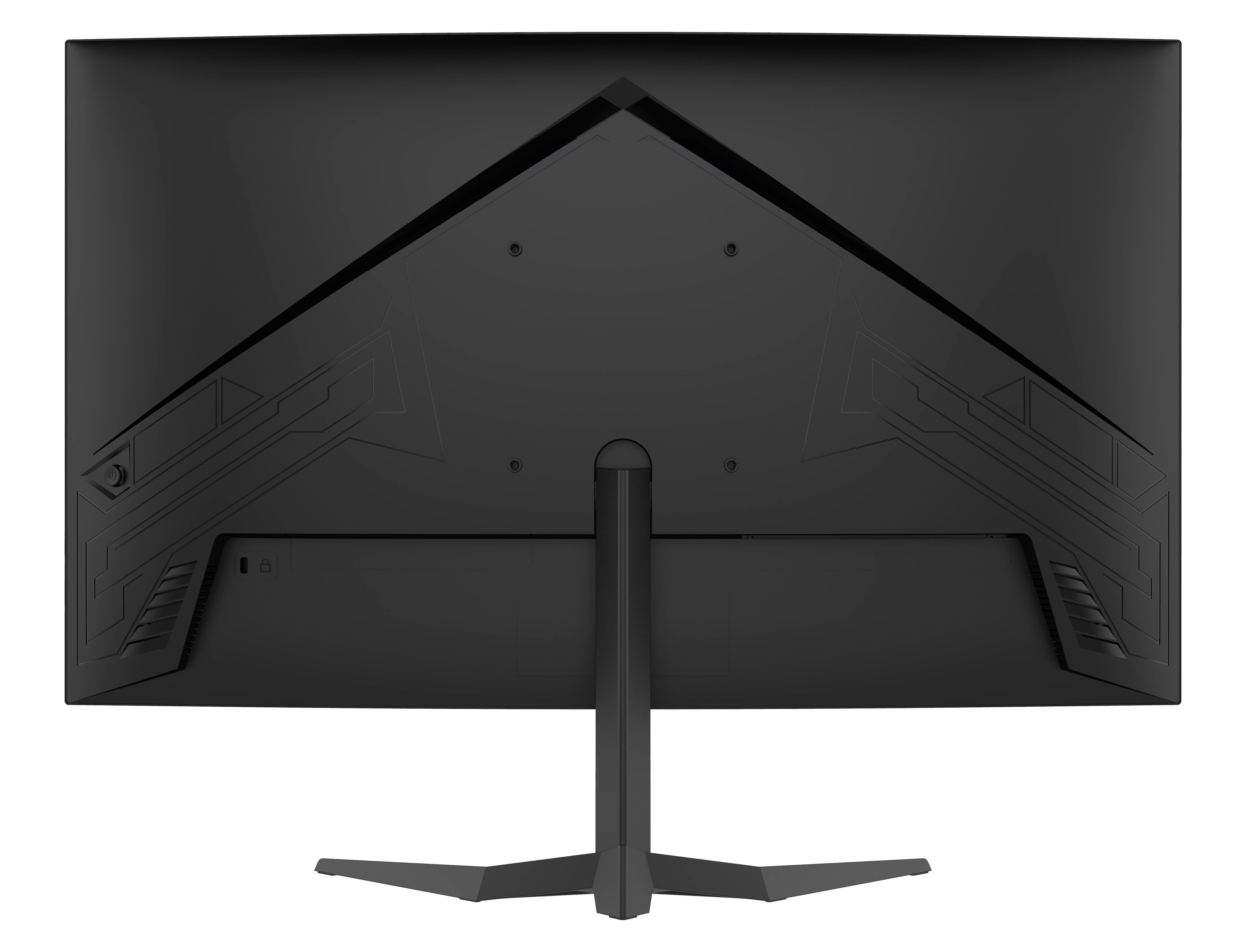 Czarny monitor komputera ze stojakiem na białym tle. Widoczny jest tył monitora.