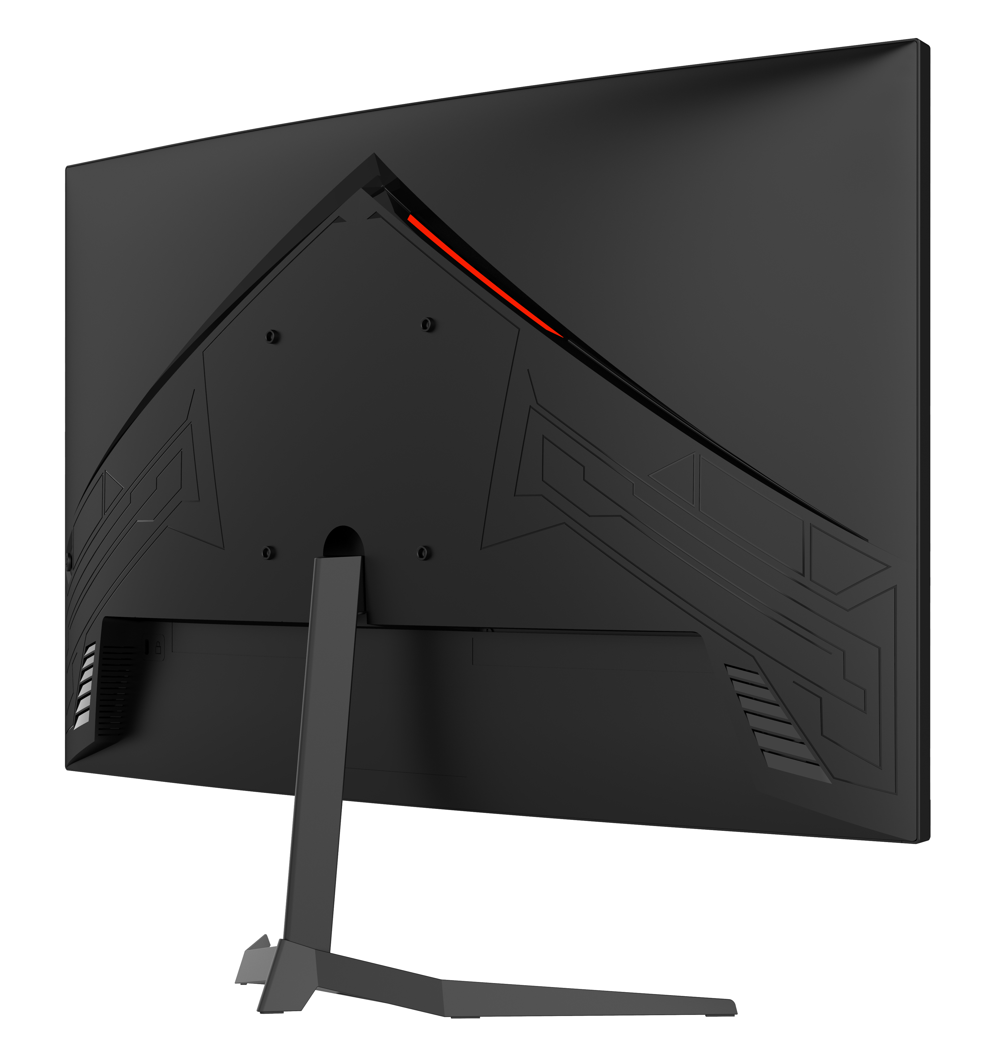 Tył czarnego monitora z podstawą. Zawiera otwory wentylacyjne, podstawę i czerwony akcent.