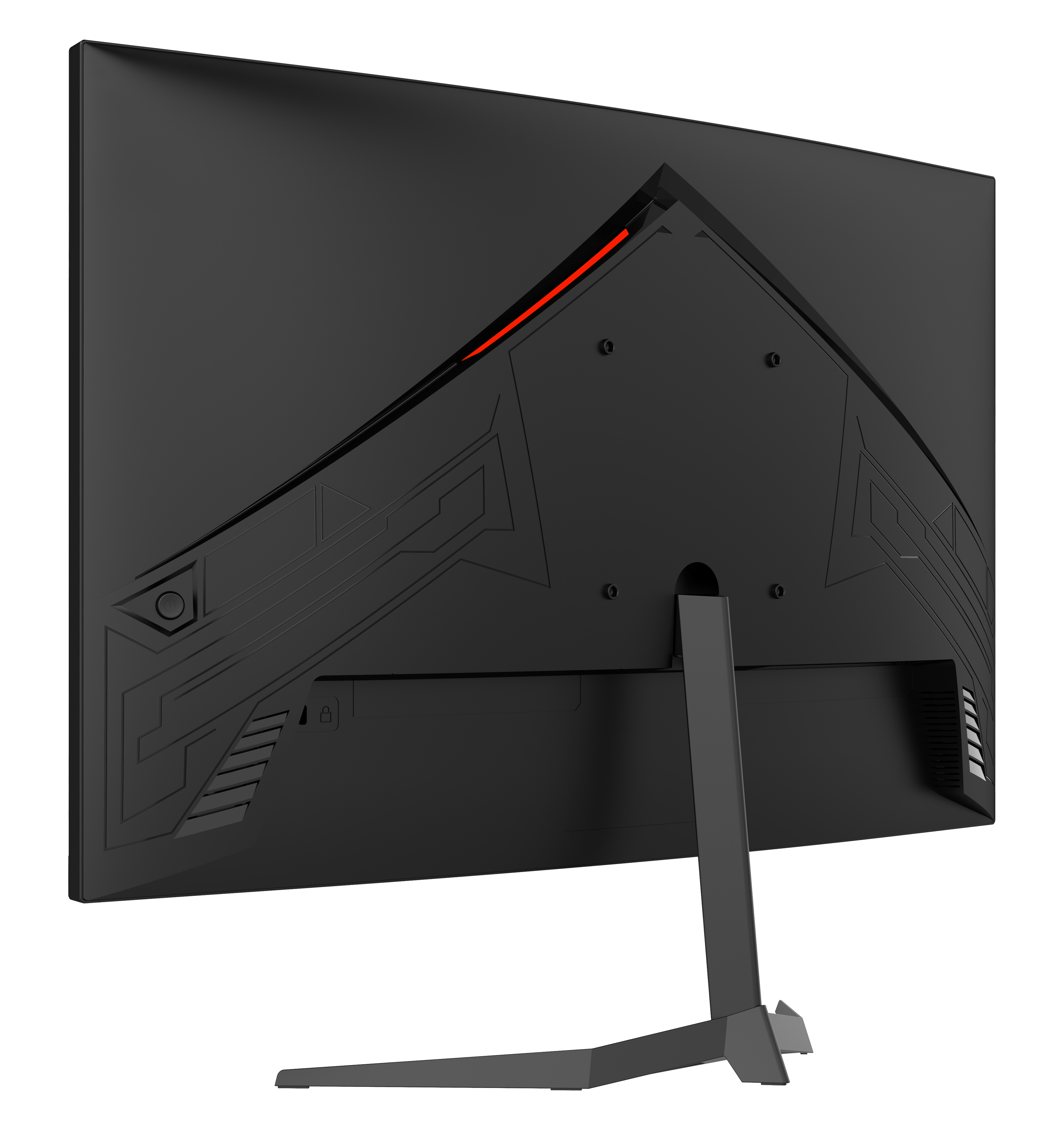 Tył czarnego monitora do gier z czerwonym światłem i geometrycznymi detalami. Widoczny metalowy stojak.