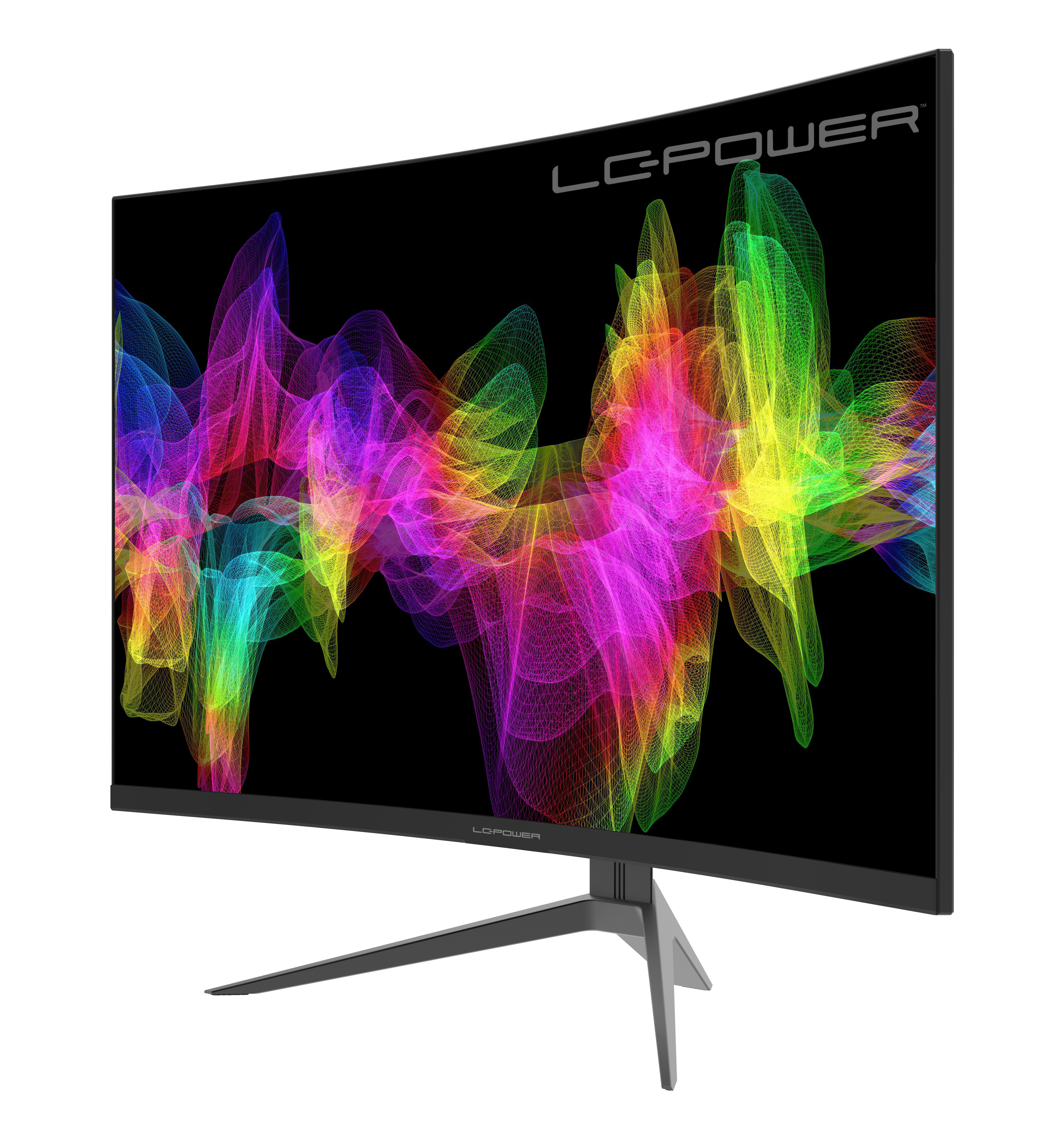 Zakrzywiony monitor komputera. Czarny ekran z kolorowym wyświetlaczem fali dźwiękowej.