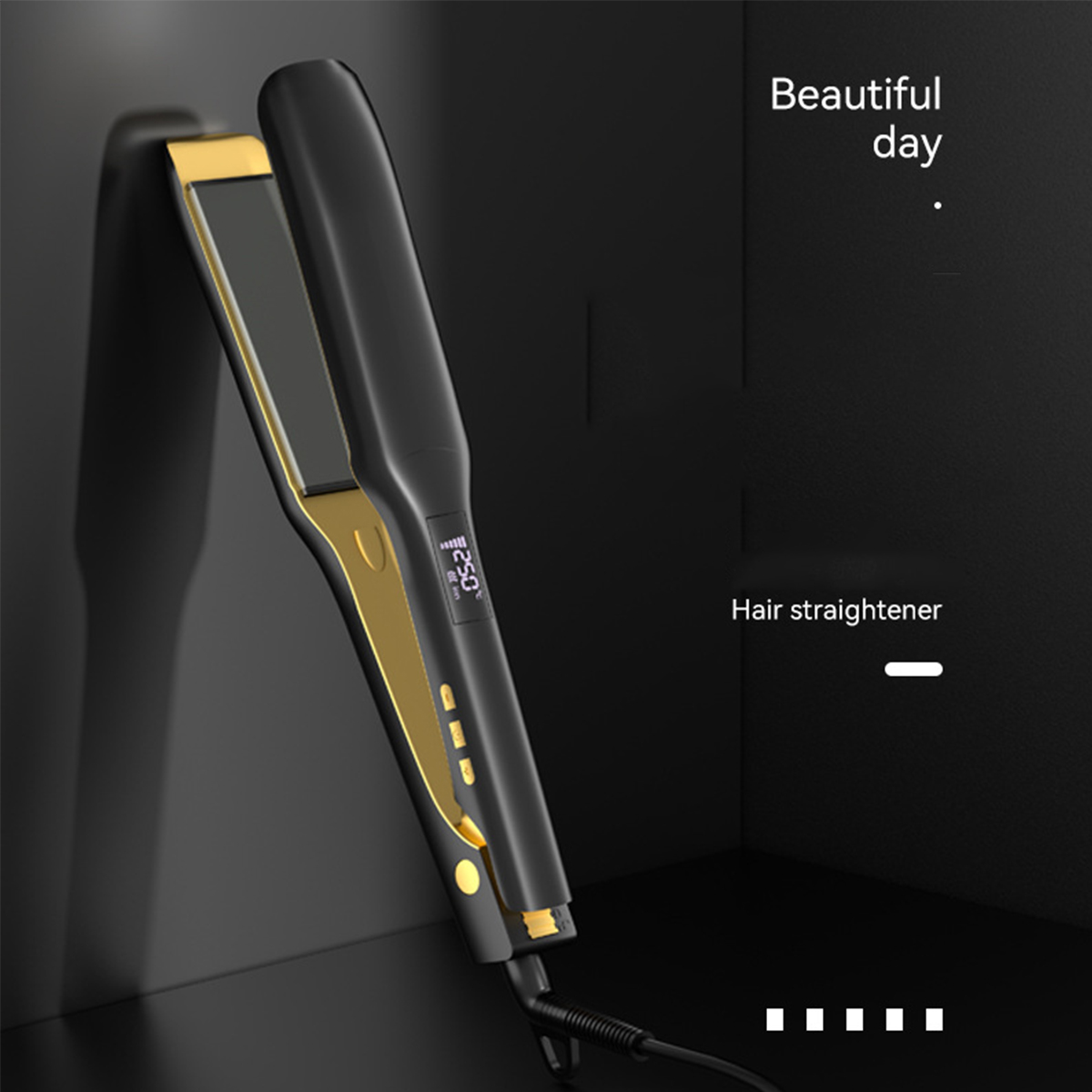 Ein schwarzer und goldener Haarglätter. Der Bildschirm zeigt 250. Der Hintergrund ist schwarz.