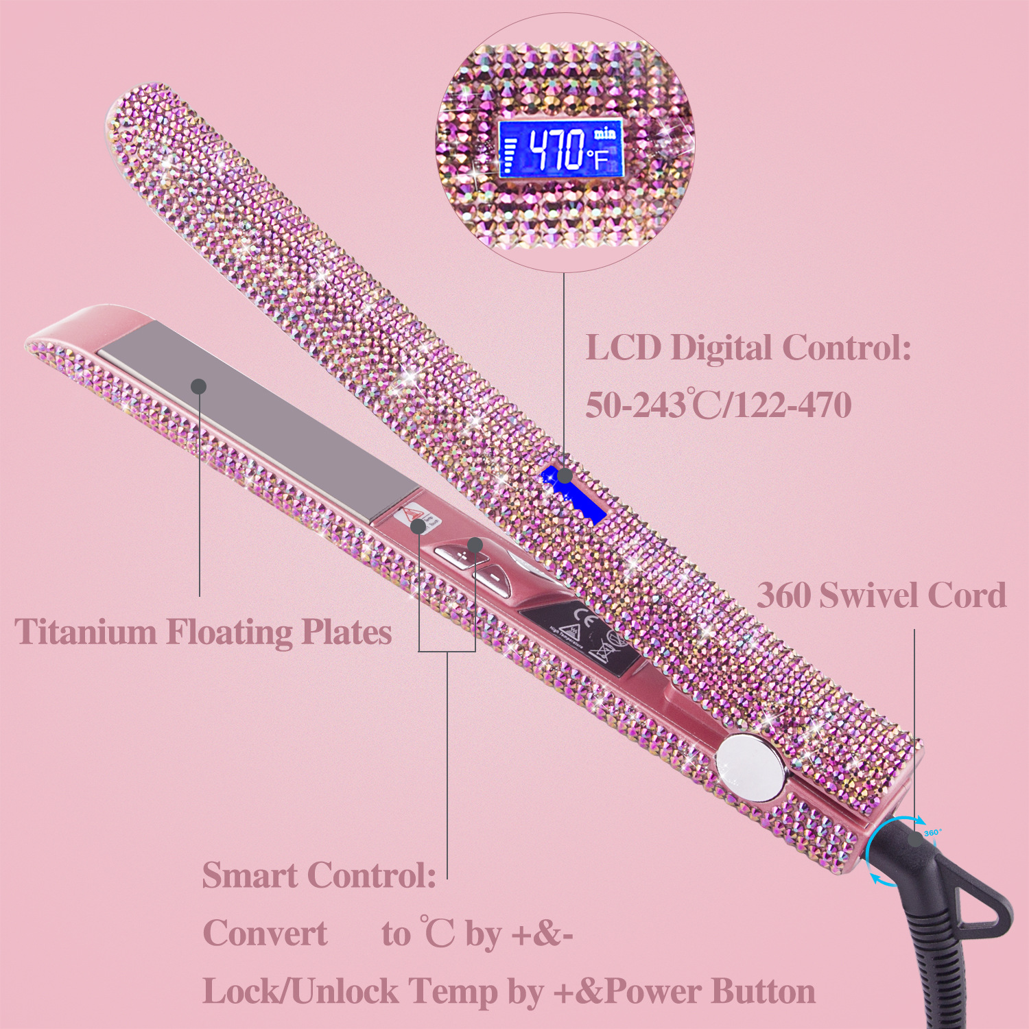 MCH-Heizung Temperaturbereich - Temperaturstufen: Diamantbesetzter mit SHAOKE 10 120-470℉ Glätteisen Glätteisen, 50-243℃, Einstellbarer