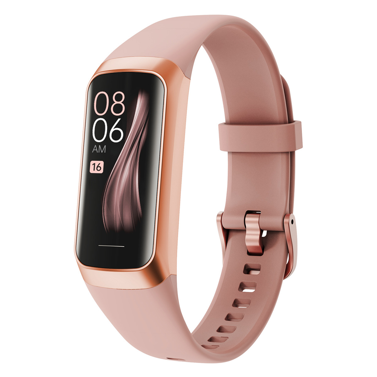 Rosafarbener Fitnesstracker mit Zeitanzeige. Roségold-Akzente auf Band und Display.