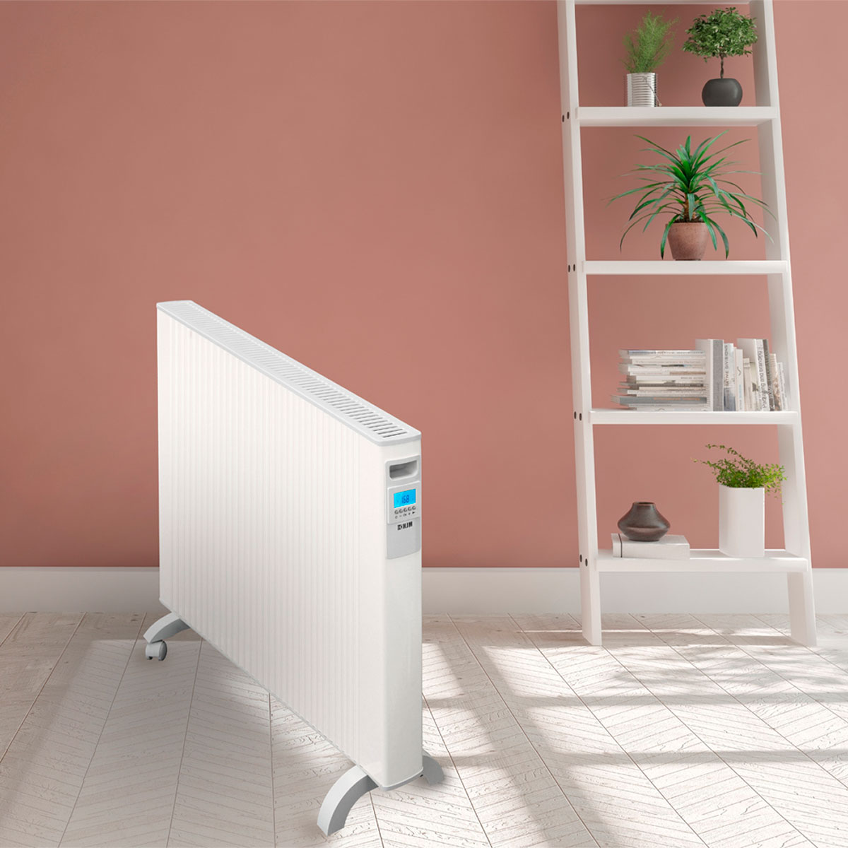 Calentador radiador blanco en una habitación rosa. Estantería escalera con plantas.