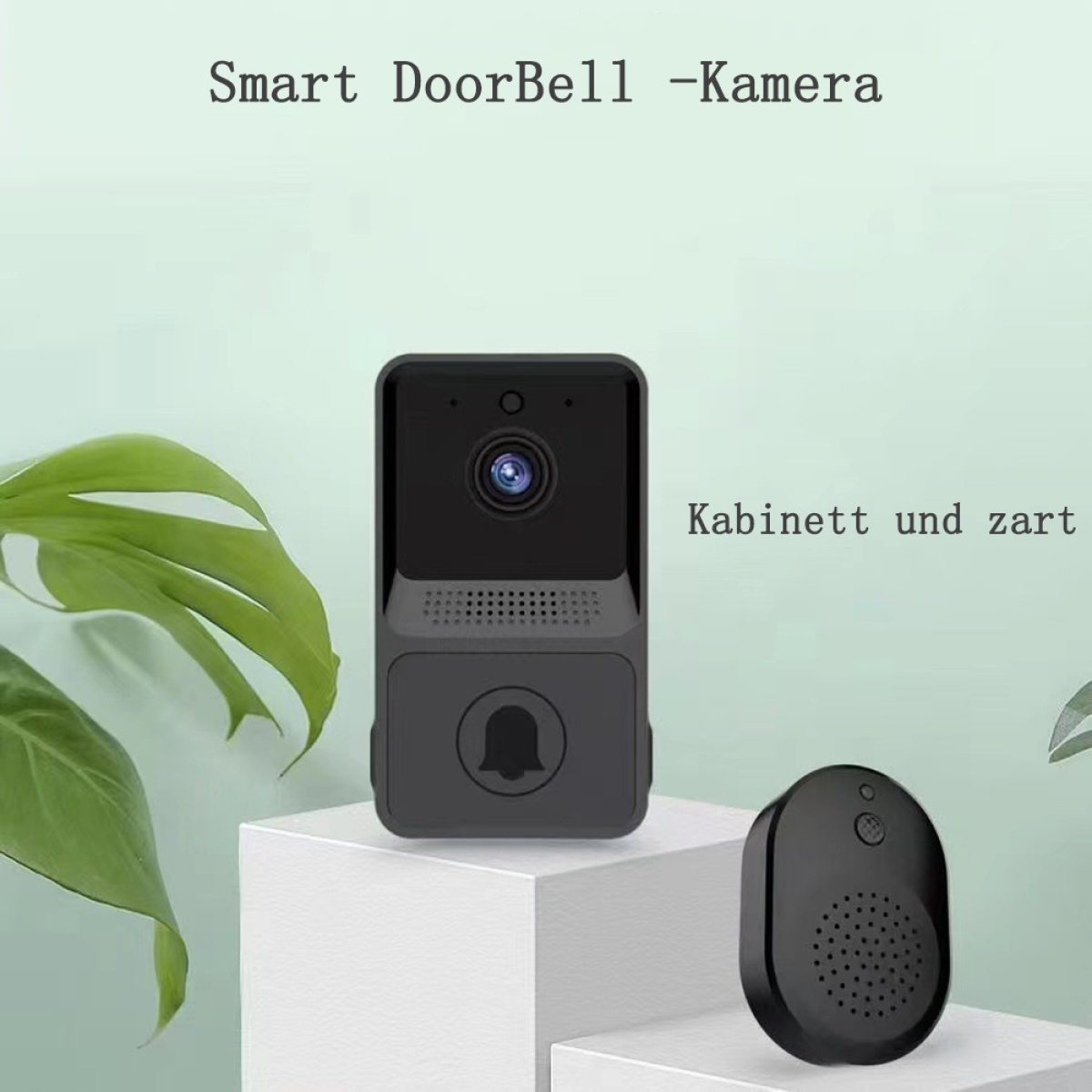 Schwarze Smart-Türklingelkamera auf einem weißen Block. Ein kleiner Empfänger daneben. Text auf Deutsch.
