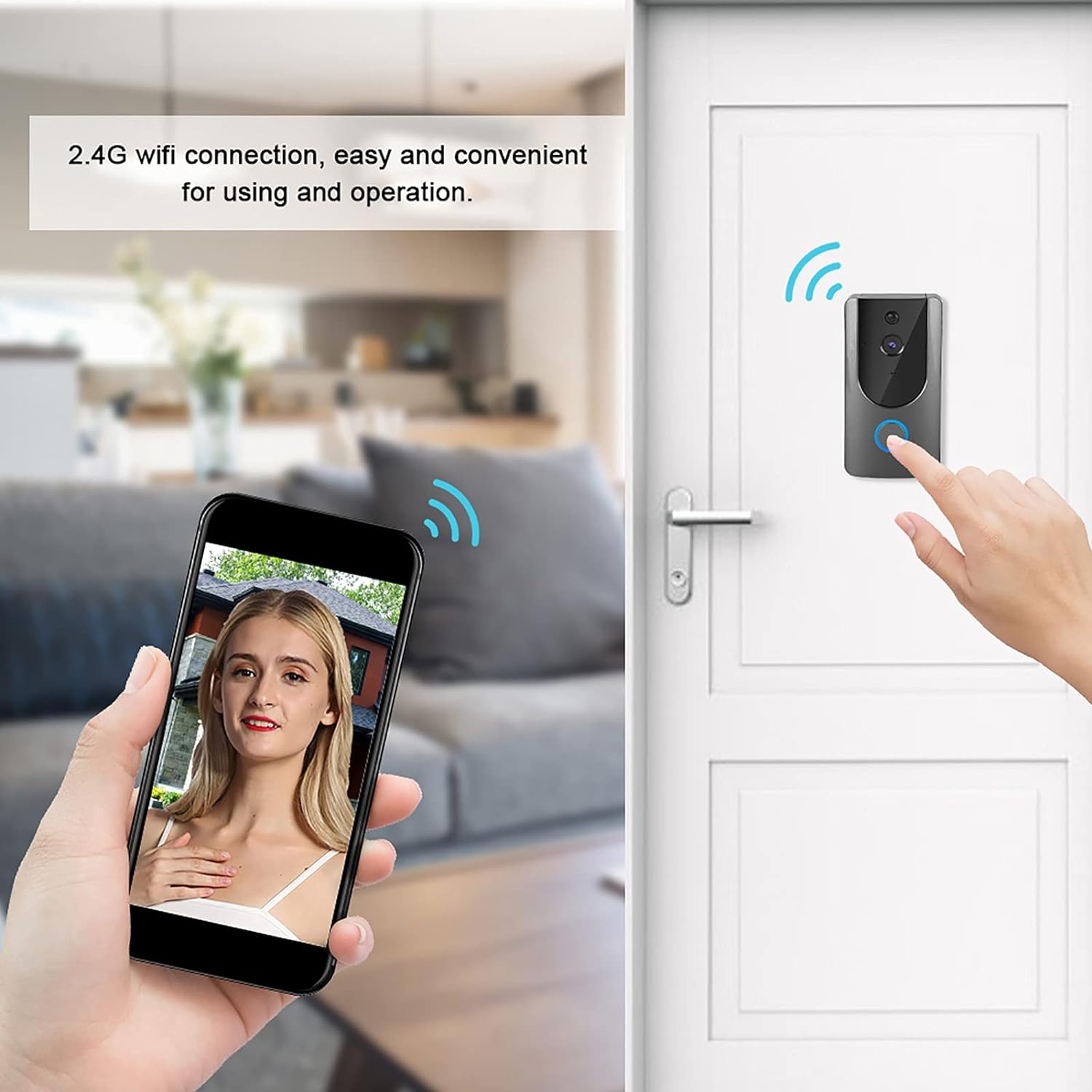 Ein Smartphone zeigt eine Frau, verbunden mit einer Türklingel. Der Text sagt WiFi-Verbindung.