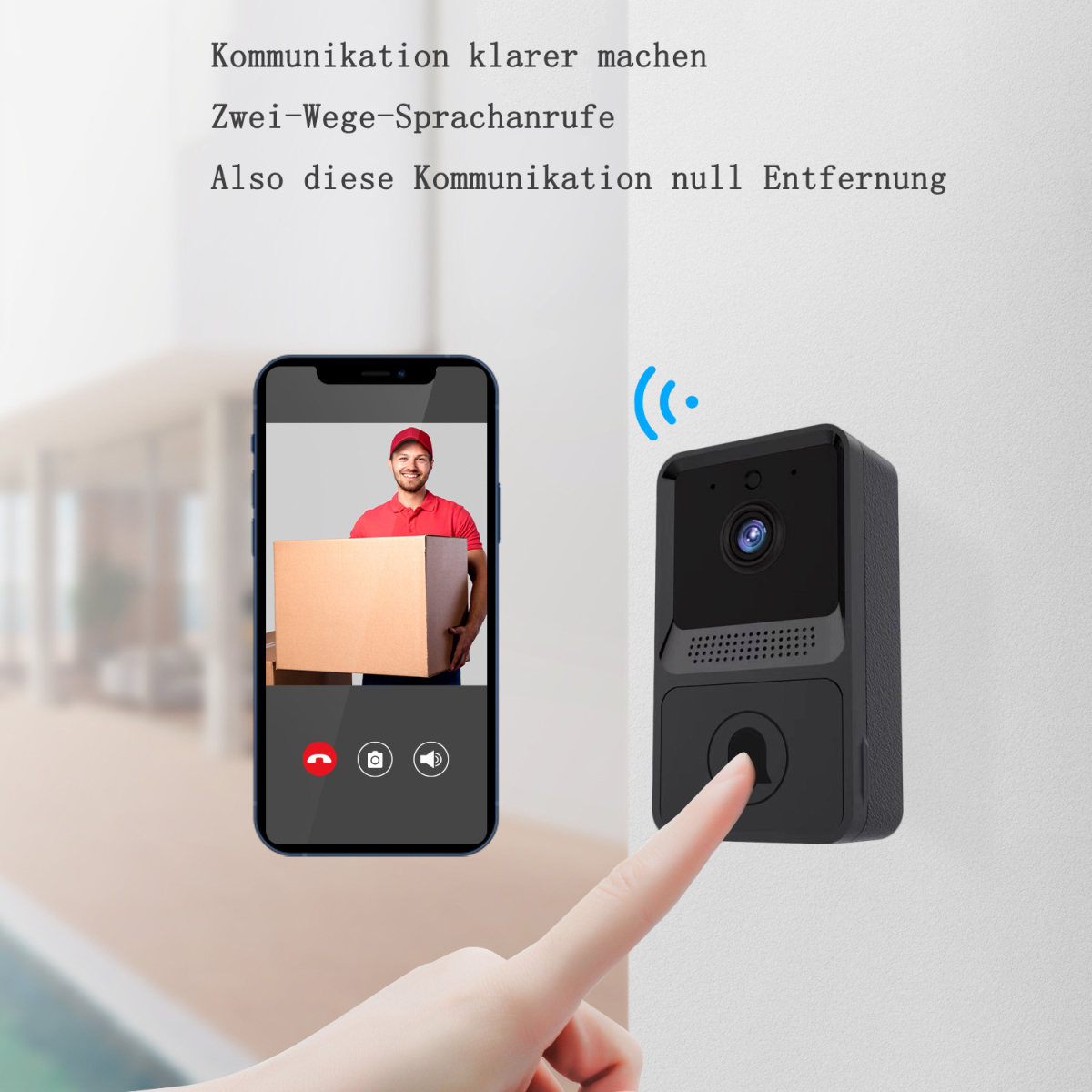 Eine Person benutzt eine Video-Türklingel mit Telefon und Lieferant.