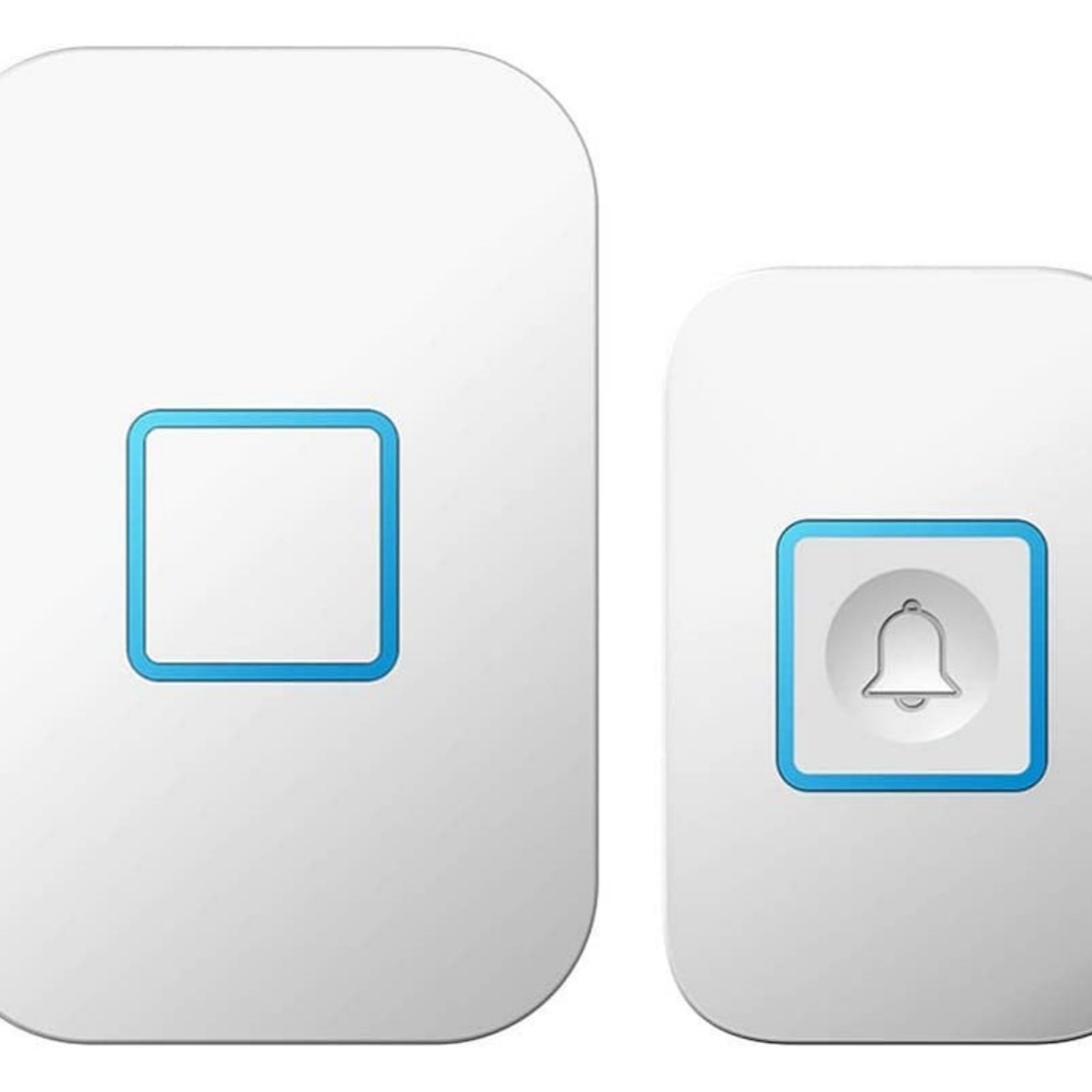 Zwei weiße Smart-Home-Geräte mit blauem Quadrat bzw. blauem Glockensymbol.