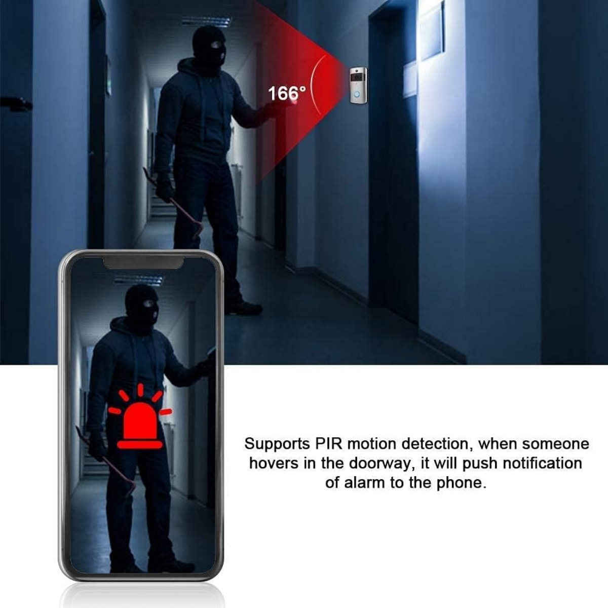 Eine Person in einem Flur wird von einem Sicherheitssystem überwacht. Das Telefon zeigt einen roten Alarm.