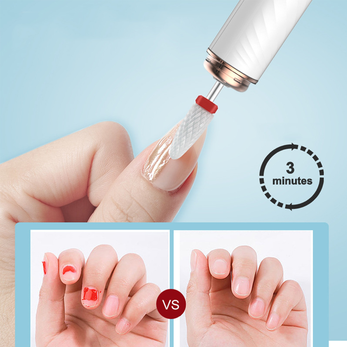 Nagelbohrer mit Nagel. Vergleich vorher und nachher. Die Zeit wird mit 3 Minuten angezeigt. Blauer Hintergrund.