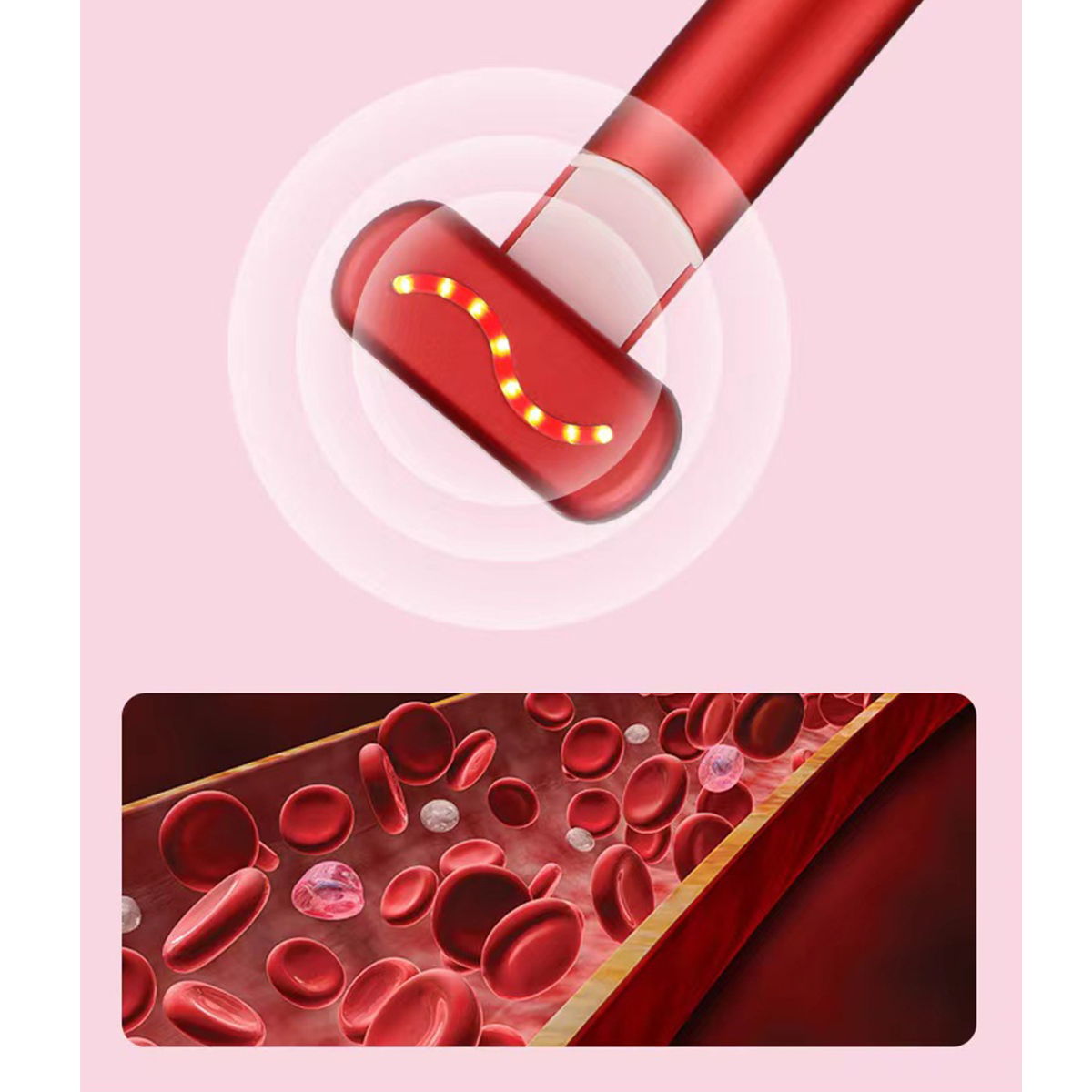 Diagramm, das ein rotes Gerät und rote Blutkörperchen mit einer Illustration des Blutflusses zeigt.