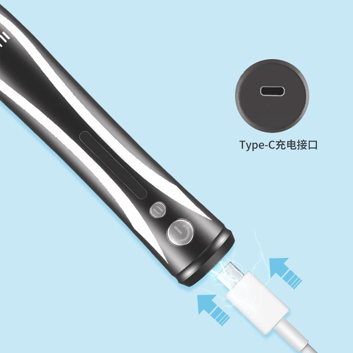 Schwarzes und silbernes Gerät mit USB-C-Anschluss, lädt mit weißem Kabel.