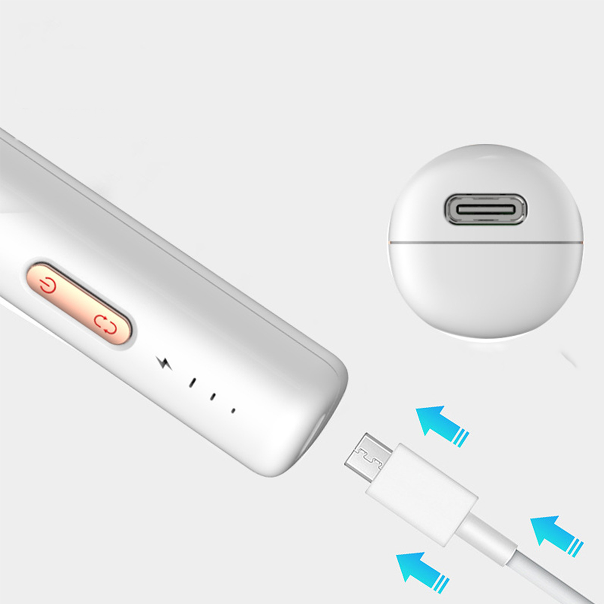Ein weißes Gerät mit Ladeanschluss und USB-Kabelanschluss.