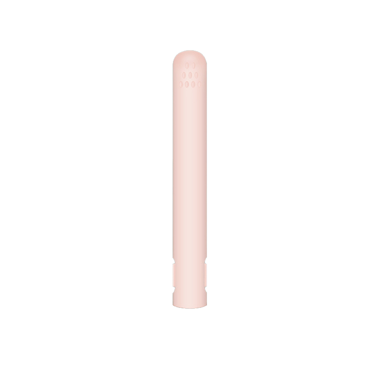 Ein hellrosa, zylindrisches Objekt, möglicherweise ein Kosmetikprodukt, auf weißem Untergrund.