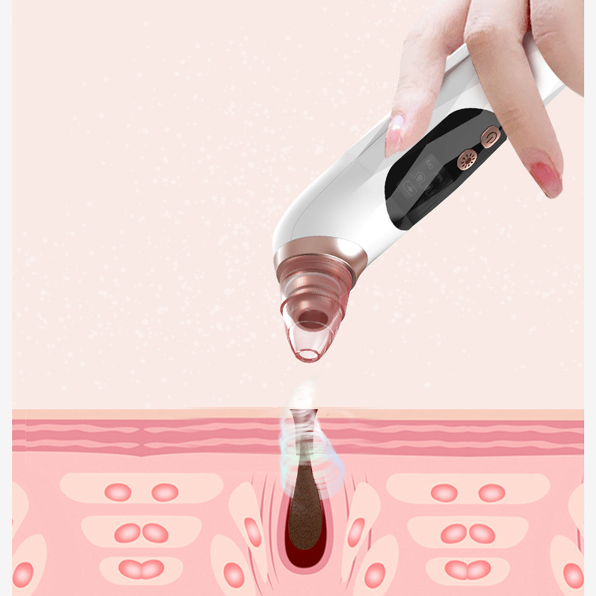 Hautporenreinigungsgerät. Eine Hand hält es über einem Hautdiagramm. Weiß und Roségold.
