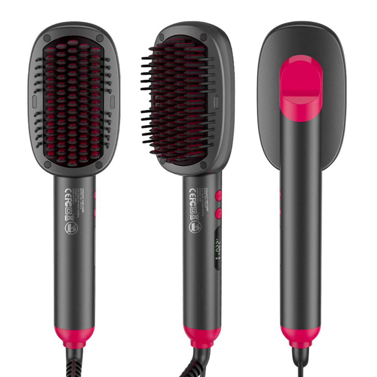 Drei elektrische Haarglätter mit schwarzen und roten Details, mit einer rotborstigen Bürste.