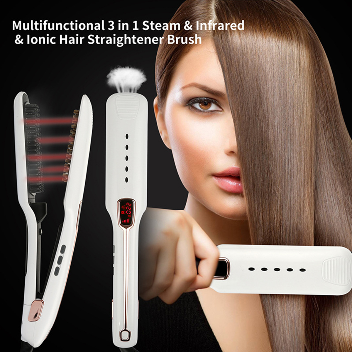 Ein Haarglätter mit Dampf- und Infrarottechnologie, mit dem Haar einer Frau im Hintergrund.