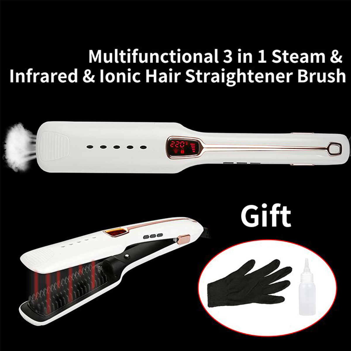 Haarglätterbürste mit Dampf-, Infrarot- und Ionentechnologie. Mit Geschenkartikeln.