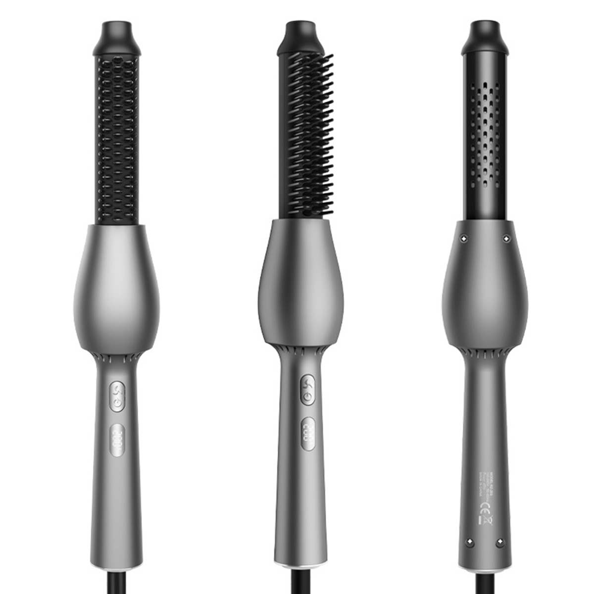 Drei silberne Haarstyling-Werkzeuge mit verschiedenen Aufsätzen und Netzkabeln.