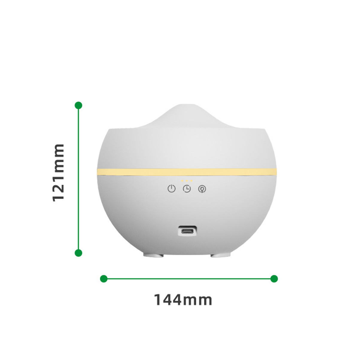Ein weißer Luftbefeuchter mit gelbem Lichtband und Maßangaben in mm.