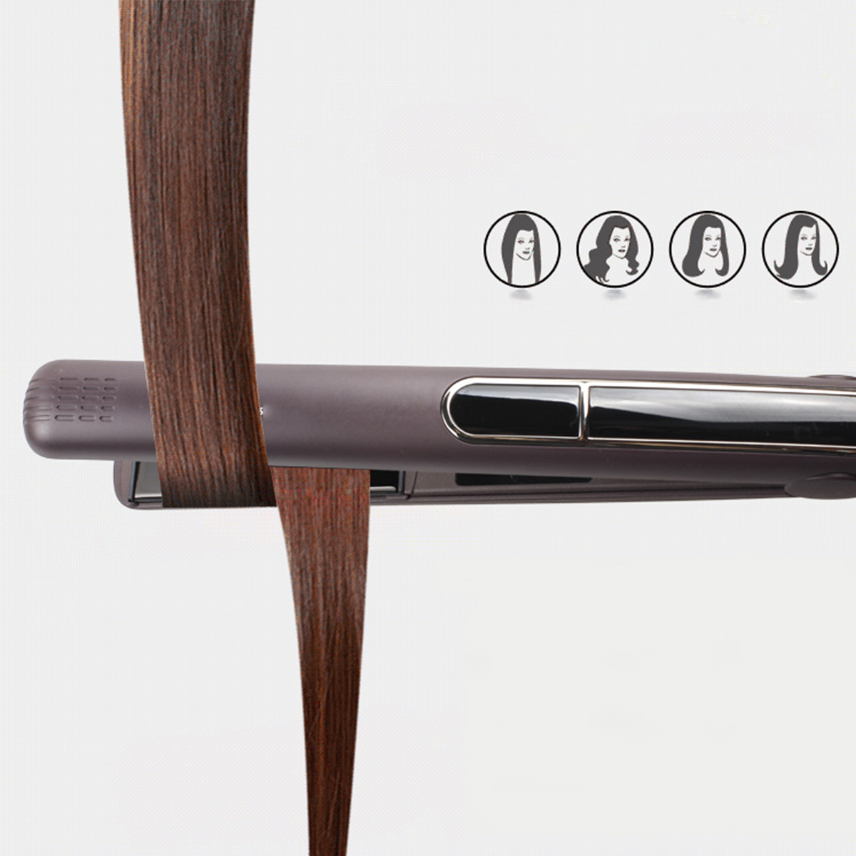 Haarglätter mit Haarsträhnen und drei Frisuren-Illustrationen.