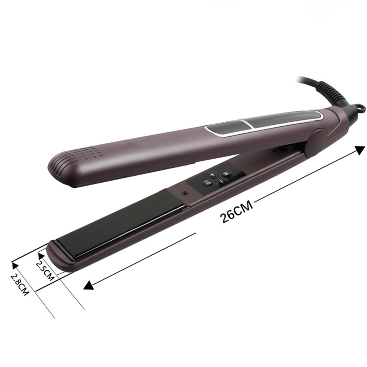 Ein brauner Haarglätter mit schwarzen Platten und digitaler Anzeige.