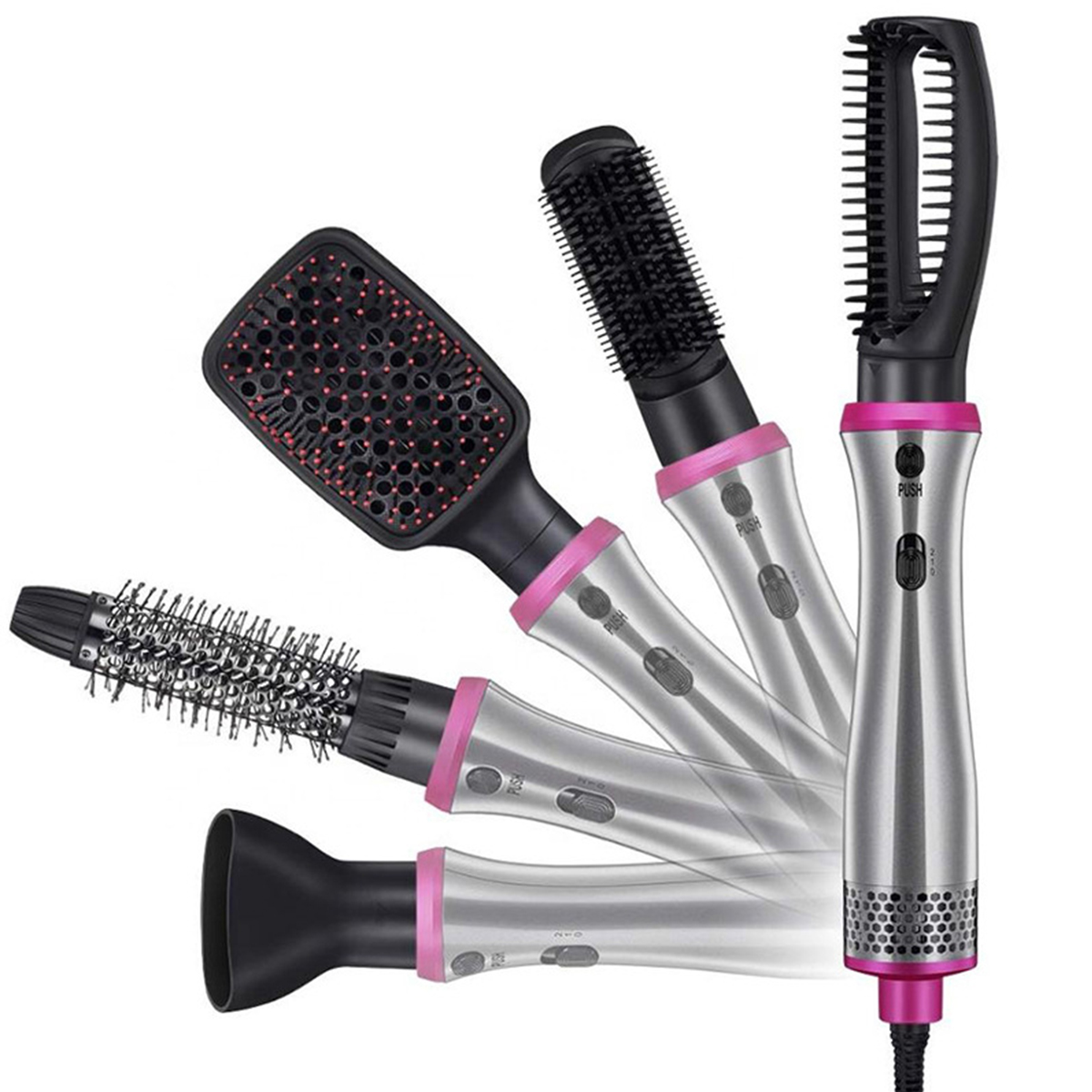 Ein Haarstyler mit austauschbaren Aufsätzen. Er hat ein silbernes Gehäuse und rosa Akzente, verschiedene Aufsätze.