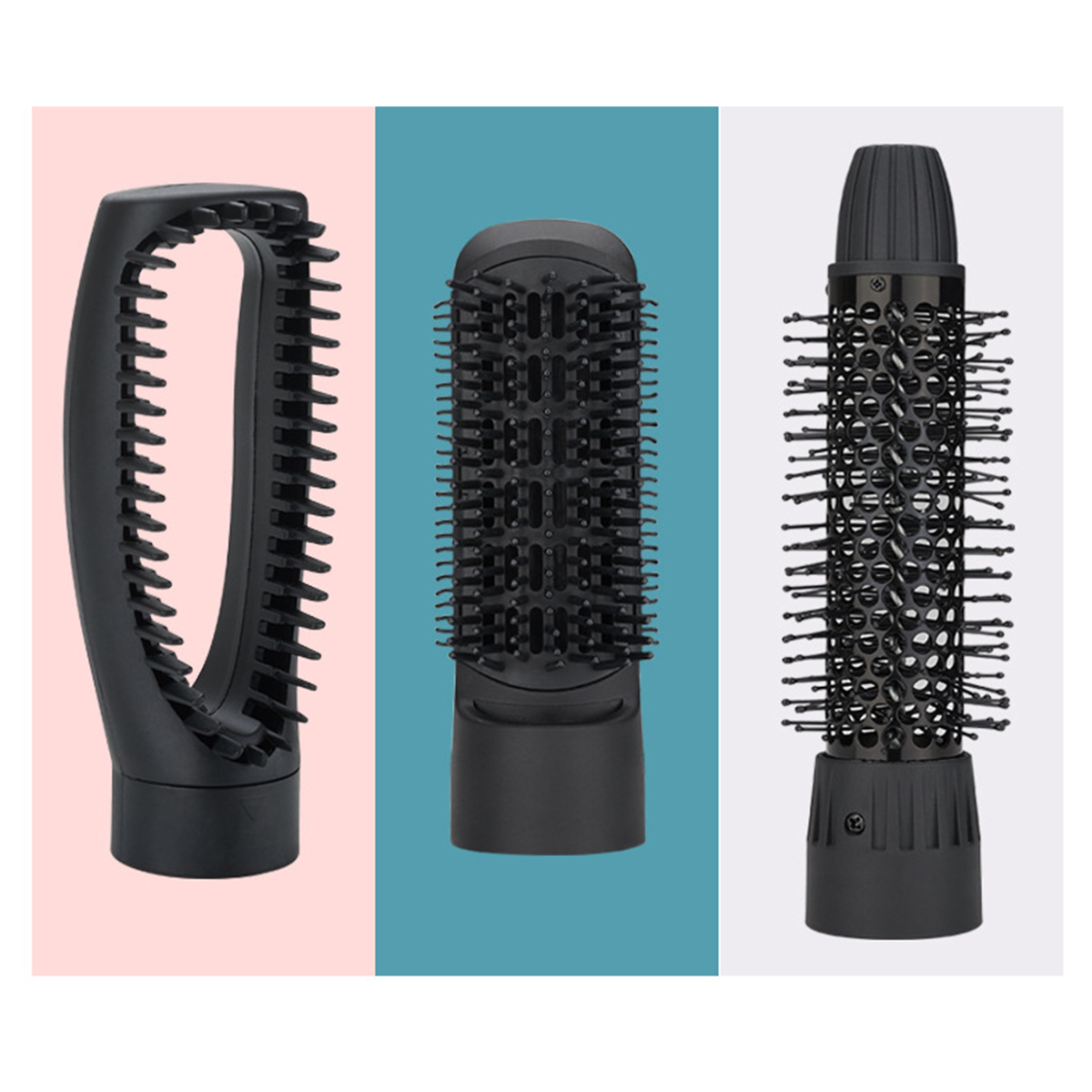 Drei schwarze Aufsätze für Haarbürsten zum Styling, für einen Haartrockner.
