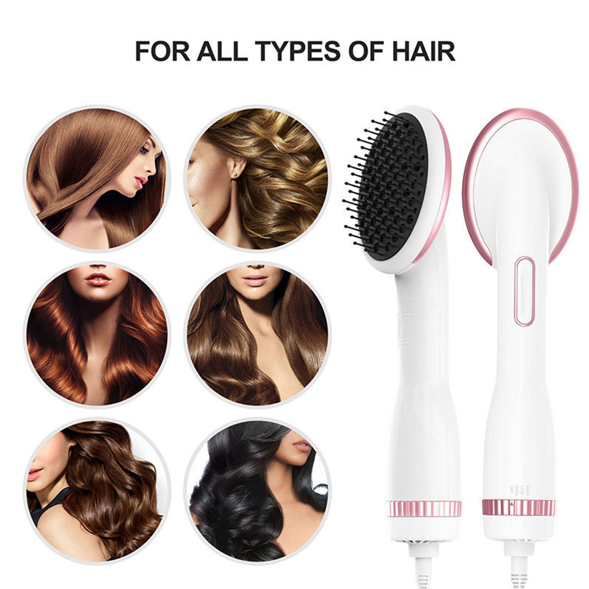 Haarstylingbürste mit Frauenhaar-Beispielen: brünett, blond, wellig usw.