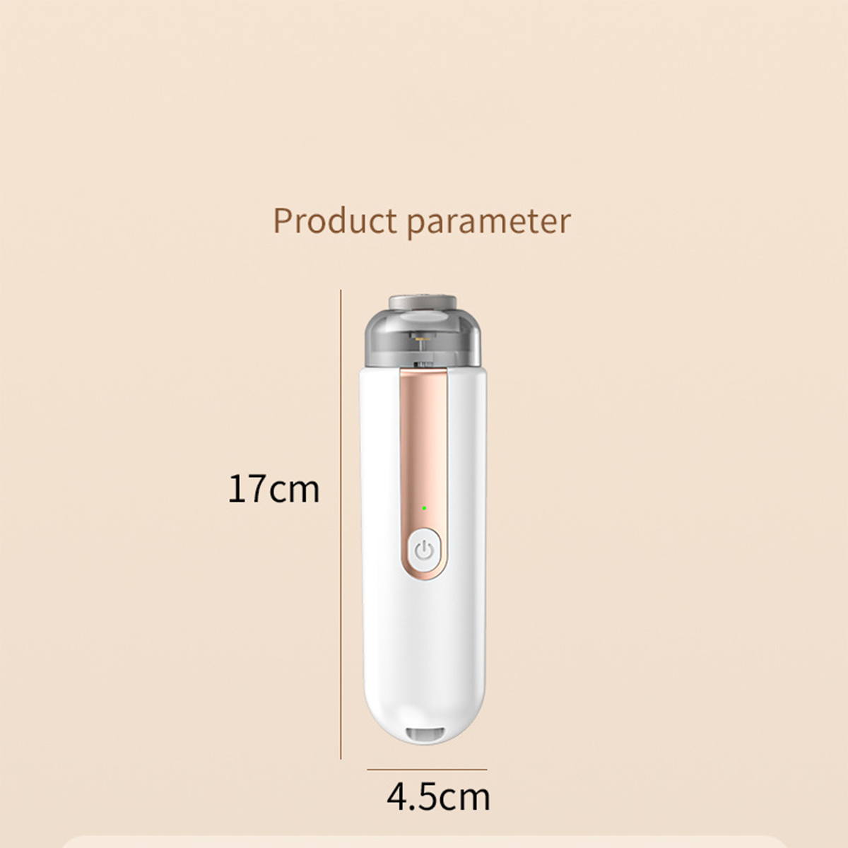 Ein weißes und roségoldenes Produkt mit einem Knopf. Abmessungen von 17 cm x 4,5 cm sind angegeben.