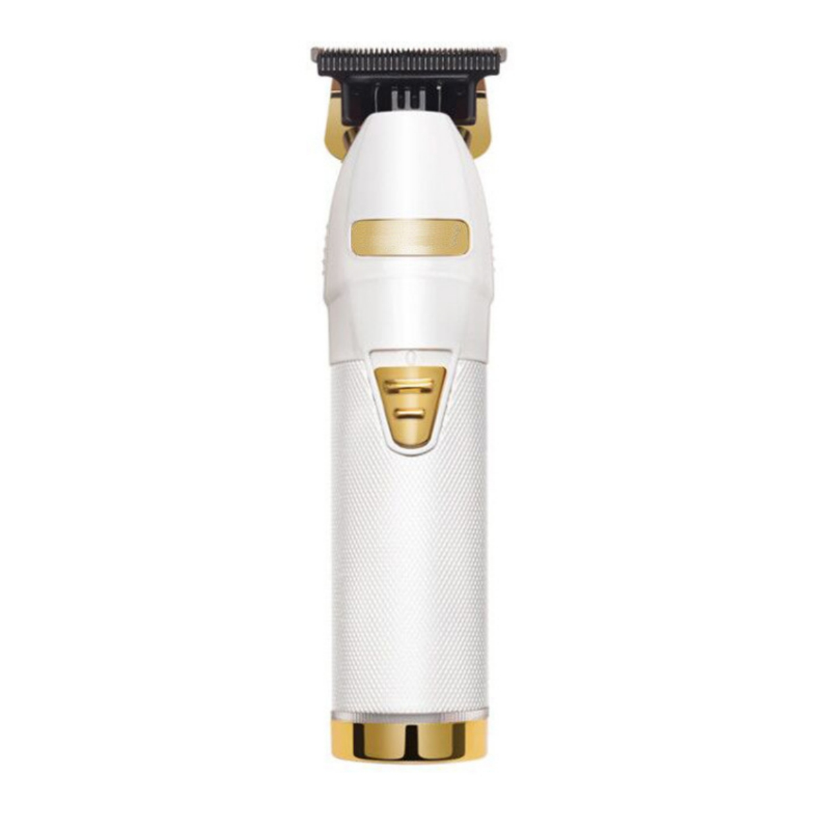 Ein weißer und goldfarbener Haartrimmer. Er hat goldfarbene Akzente und eine Klinge oben.