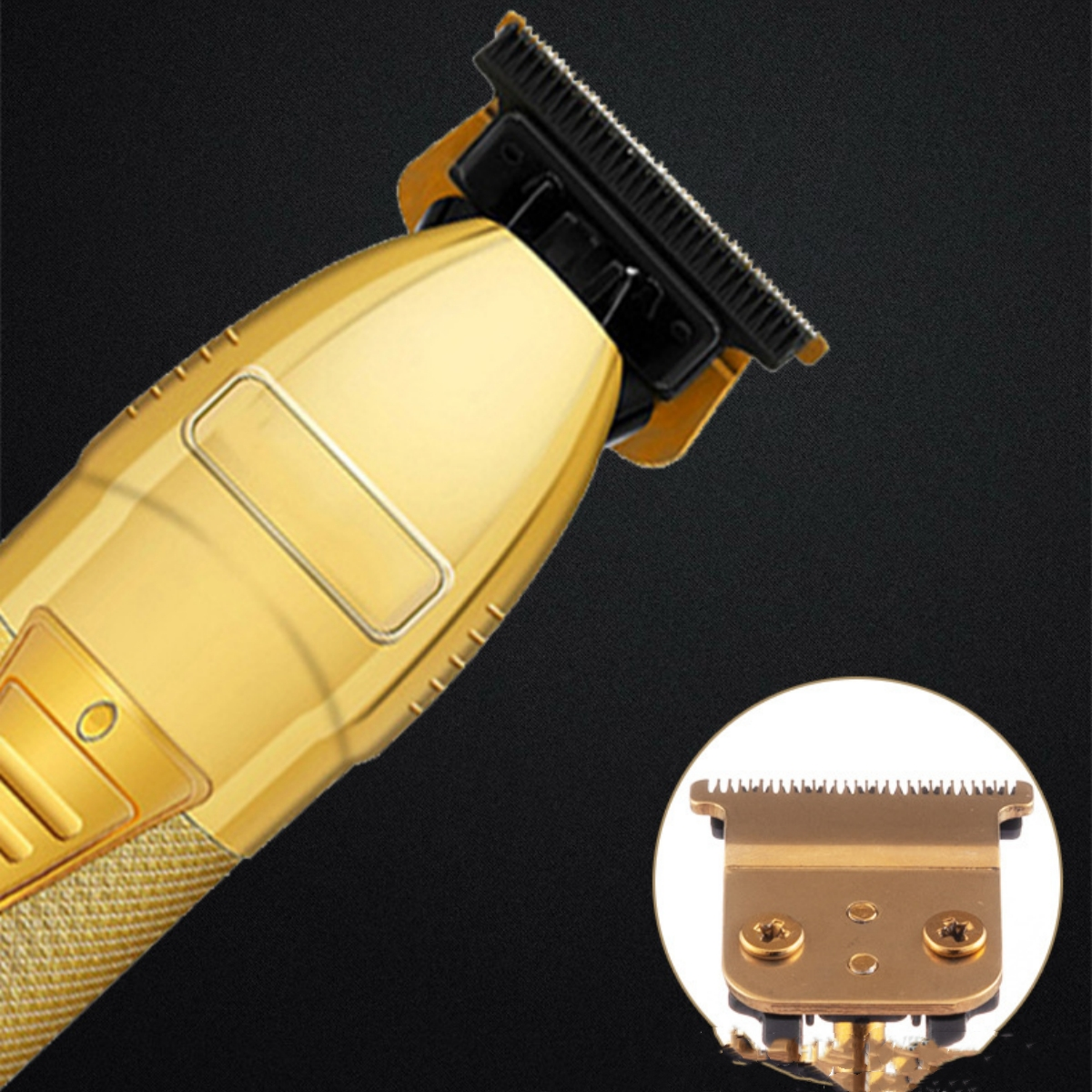 Ein goldener elektrischer Haarschneider. Er wird im Nahaufnahme mit einem Schneidmesser gezeigt.