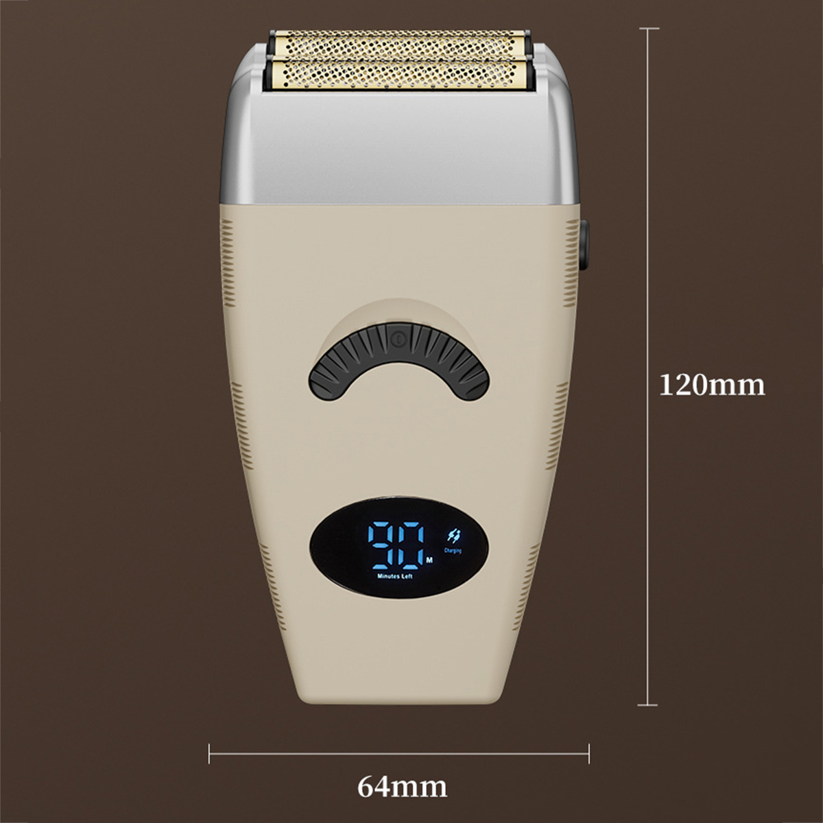 Beiger Elektrorasierer mit Digitalanzeige. Zeigt verbleibende Minuten an. Maße 120mm x 64mm.