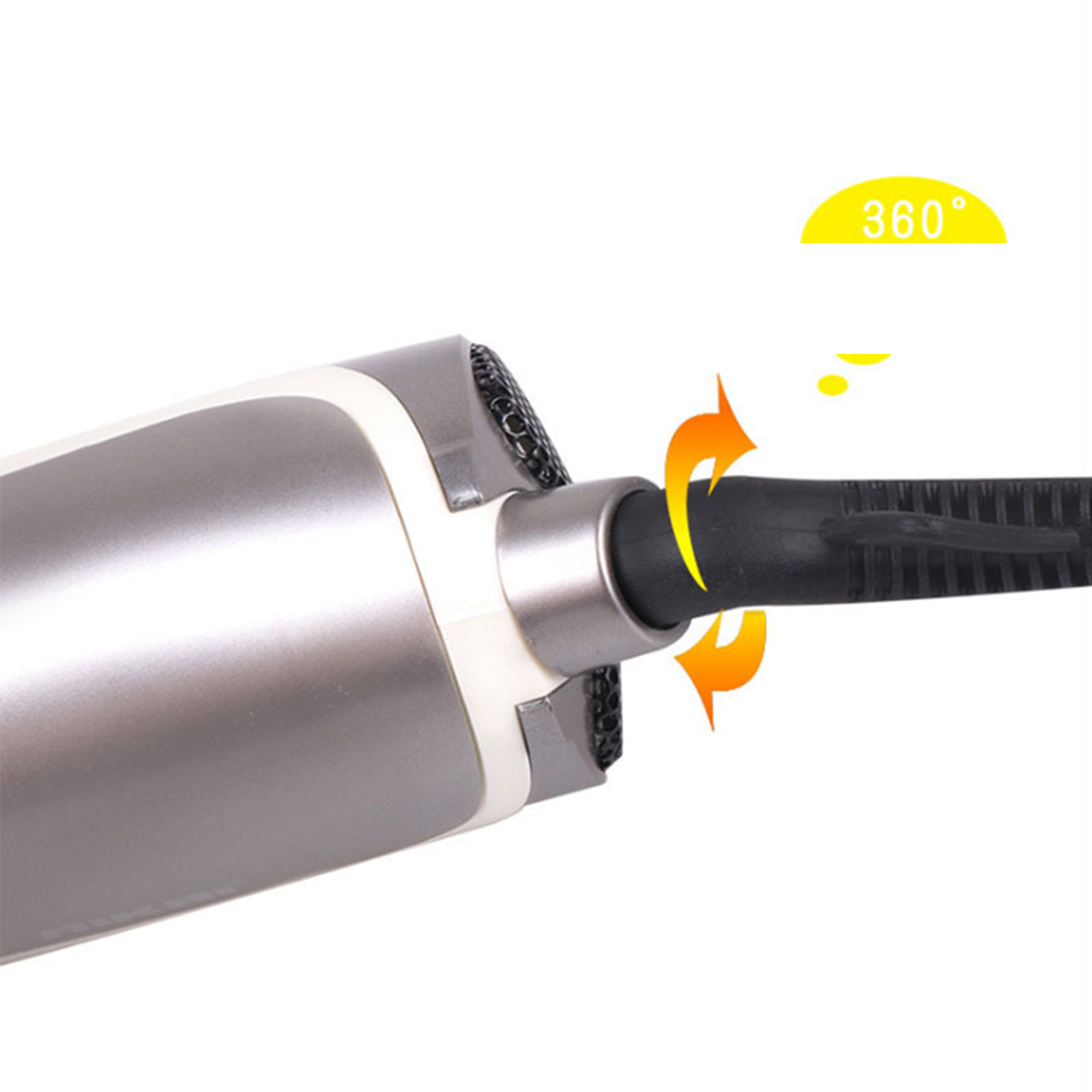 Nahaufnahme eines Lockenstabes. Die Pfeile zeigen eine 360-Grad-Drehung an.