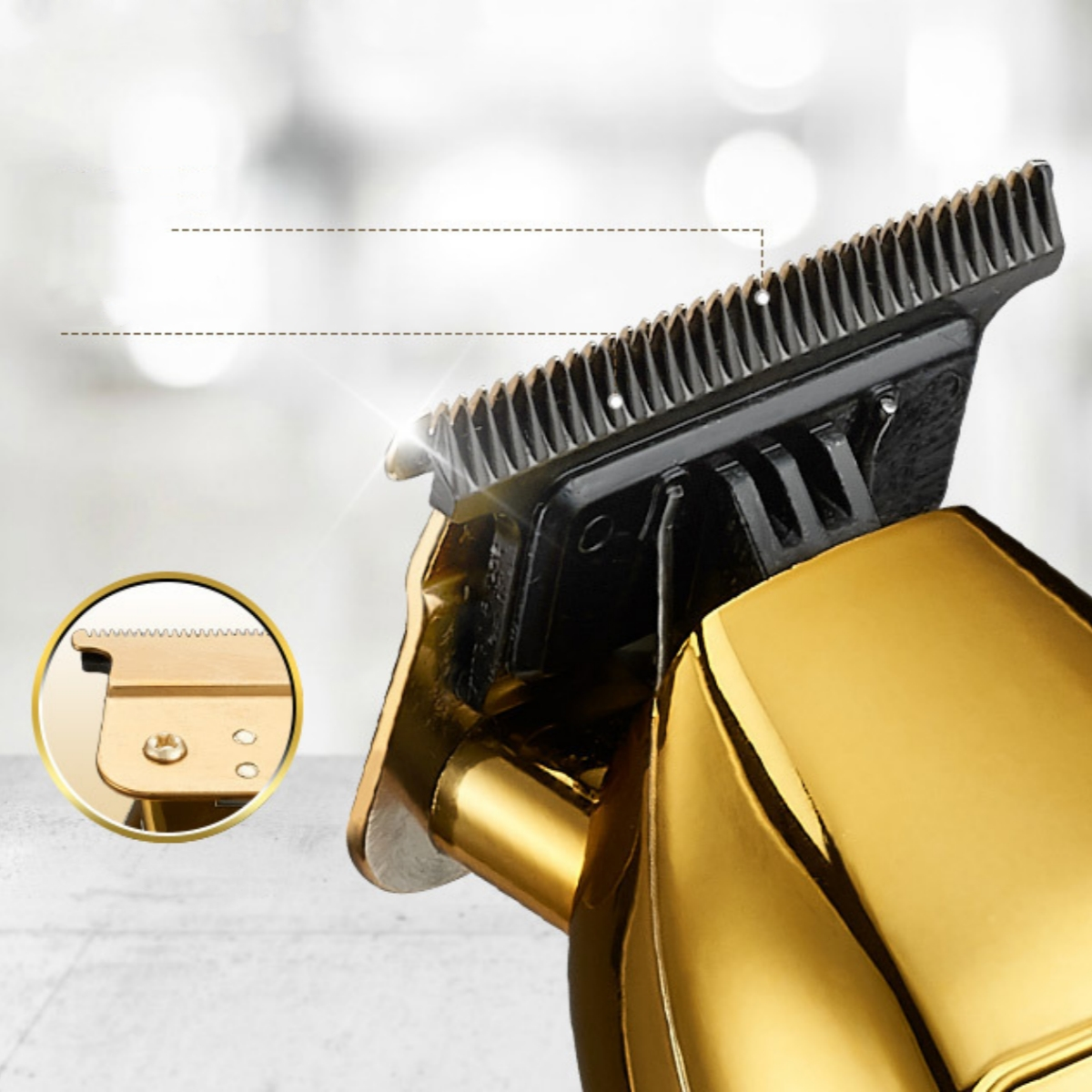 Goldfarbener Barttrimmer mit Nahaufnahme der Klinge und kleiner Schneidklingenansicht.