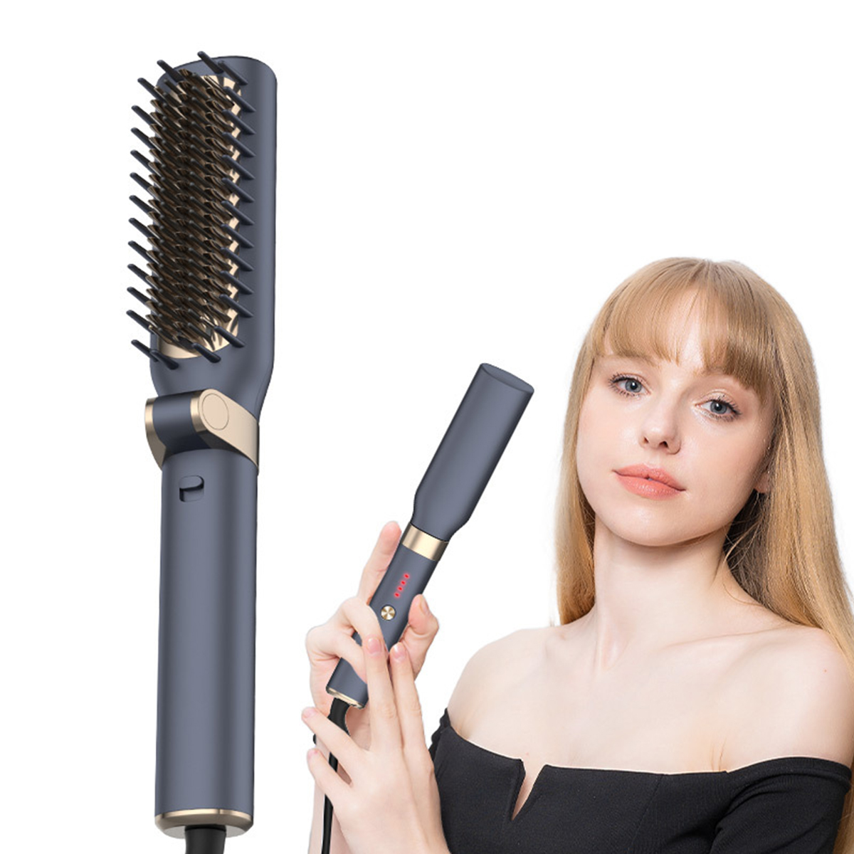 Frau hält Haarglättungsbürste, mit glattem Haar, weißer Hintergrund.