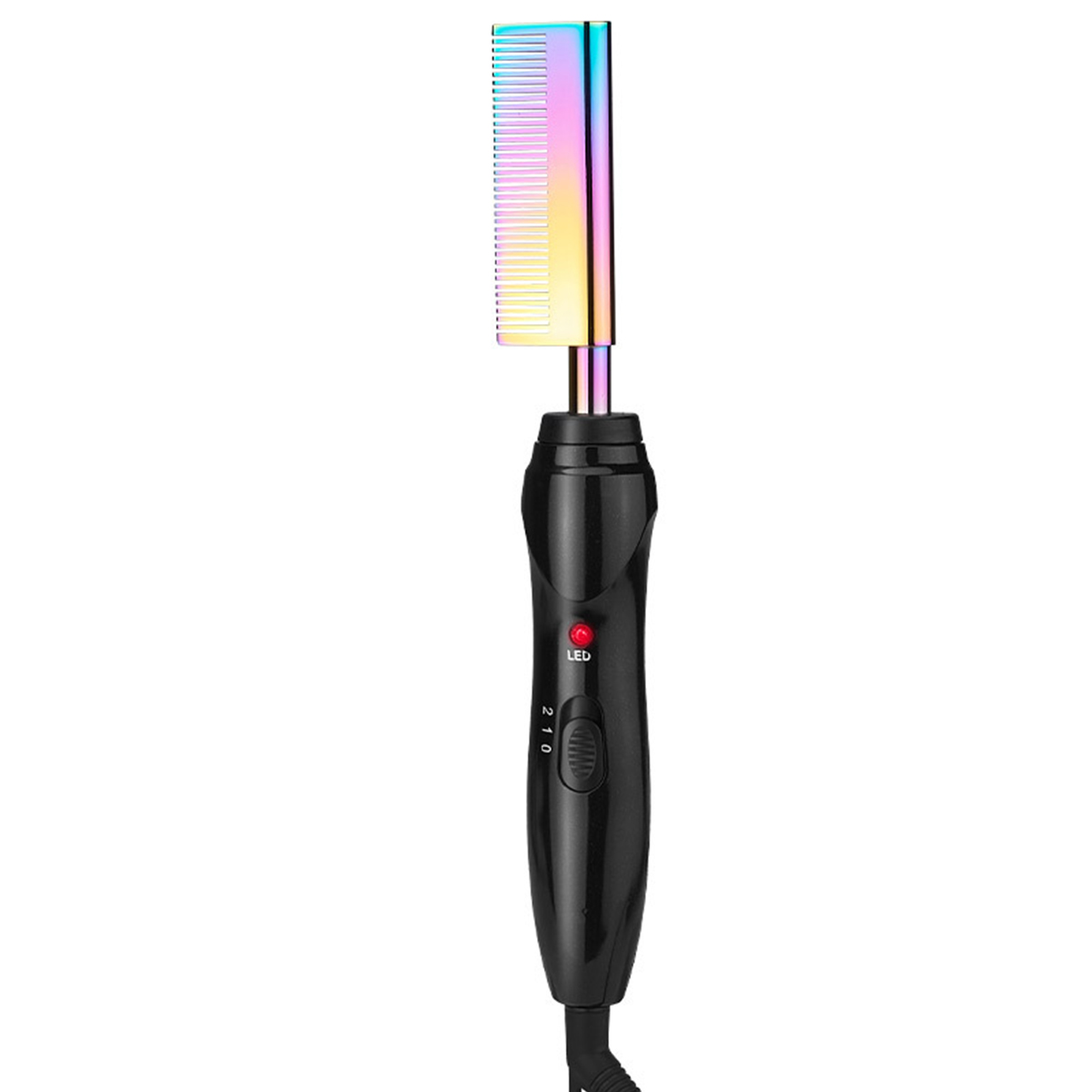 Ein schwarzer Haarglättungskamm mit einer regenbogenfarbenen Heizplatte.
