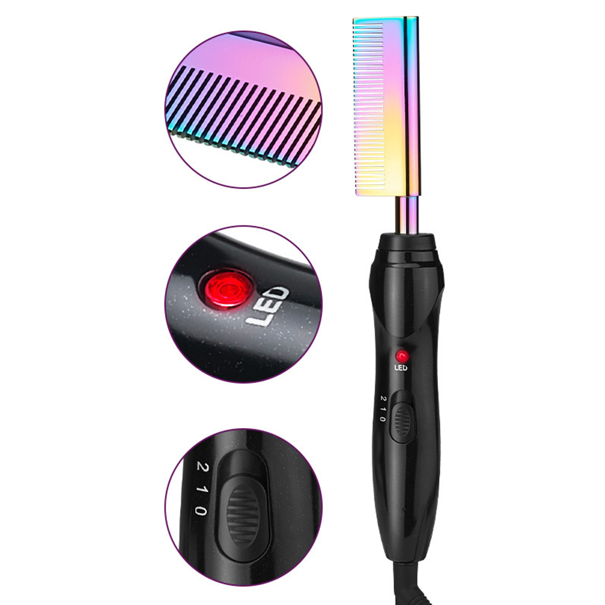 Haarglätter mit drei Nahansichten. Verfügt über einen Kamm, LED und einstellbare Einstellungen.