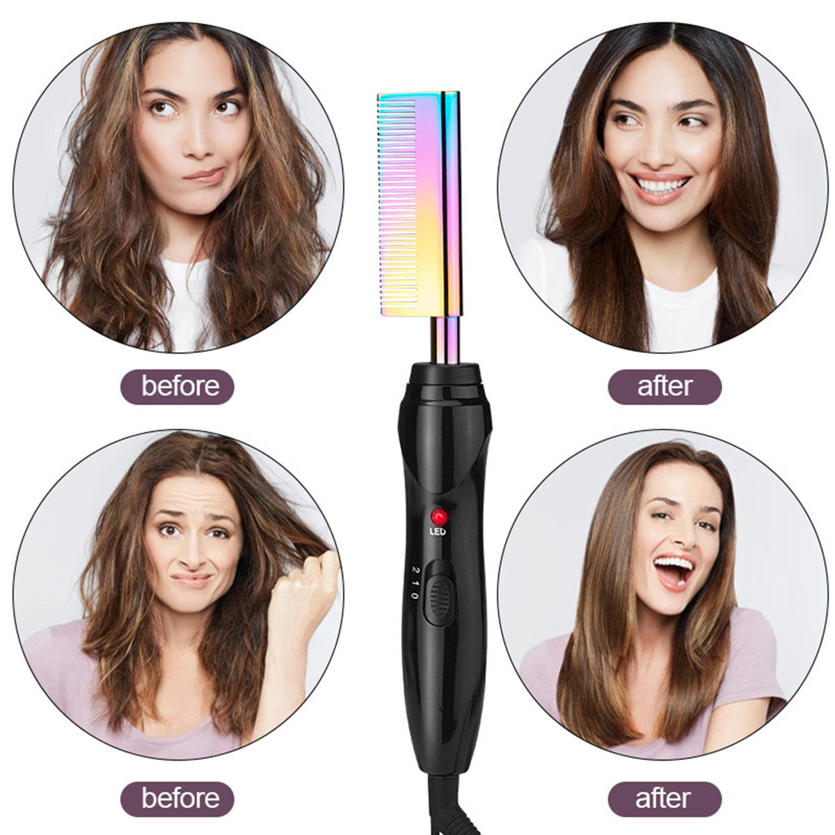 Zwei Frauen mit unterschiedlichen Frisuren. Ein Haarglätter-Kamm ist in der Mitte.