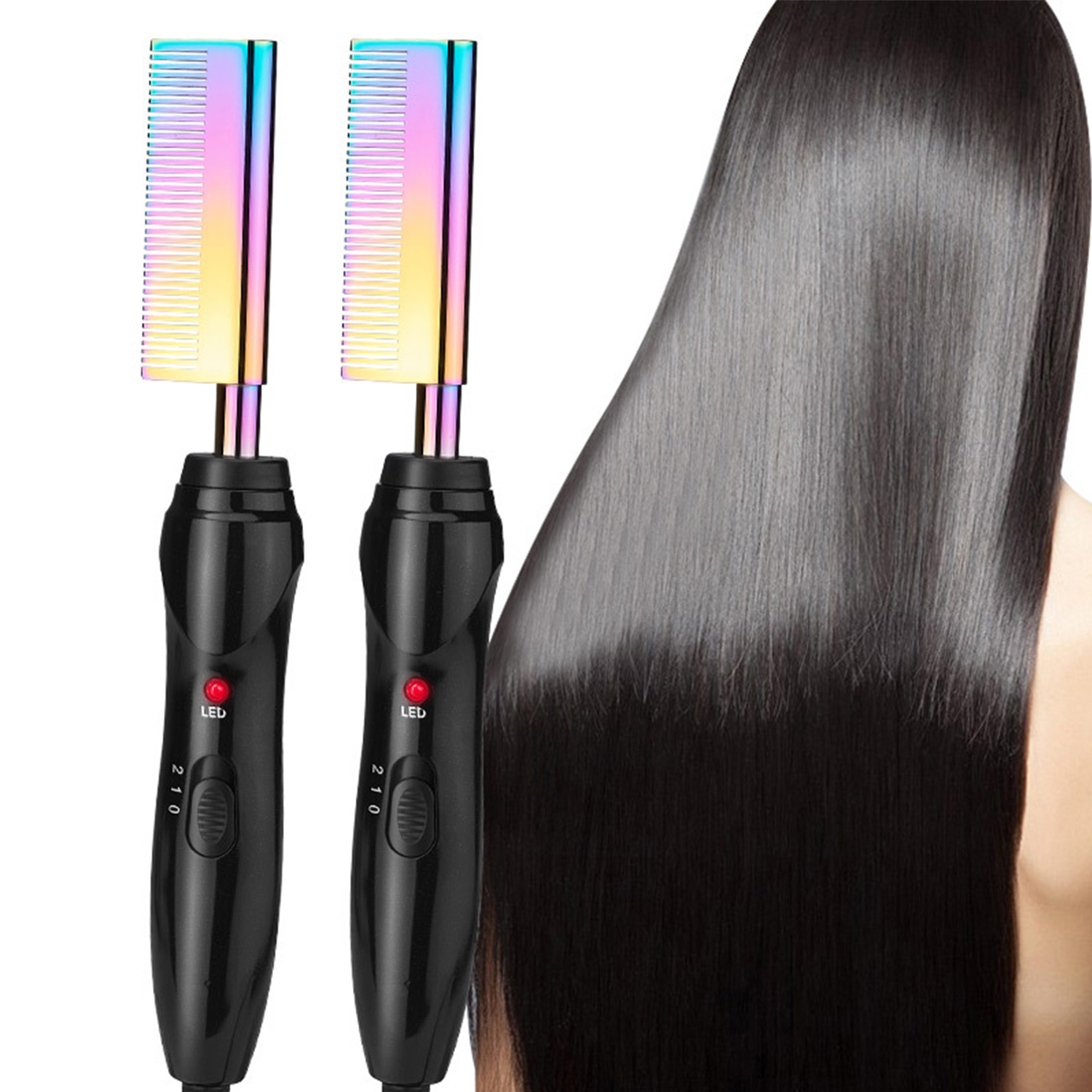 Haarglätter mit Regenbogenkämmen. Schwarze Griffe, LED-Anzeigen. Geglättetes Haar rechts.