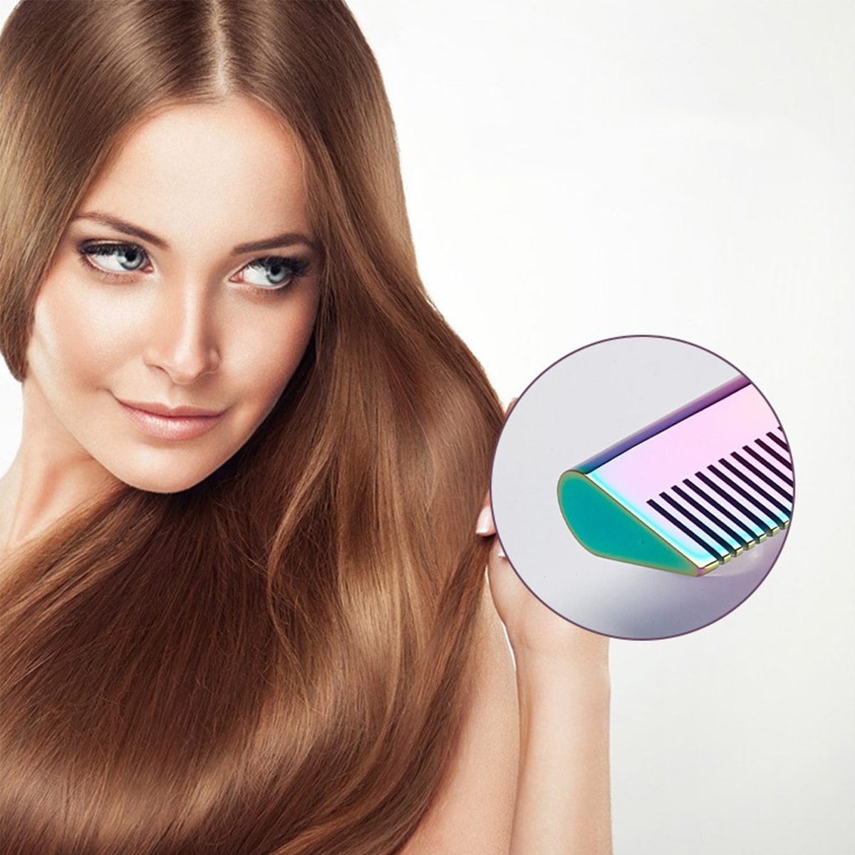 Eine Frau mit langen braunen Haaren hält einen Kamm in der Nähe ihrer Haare.