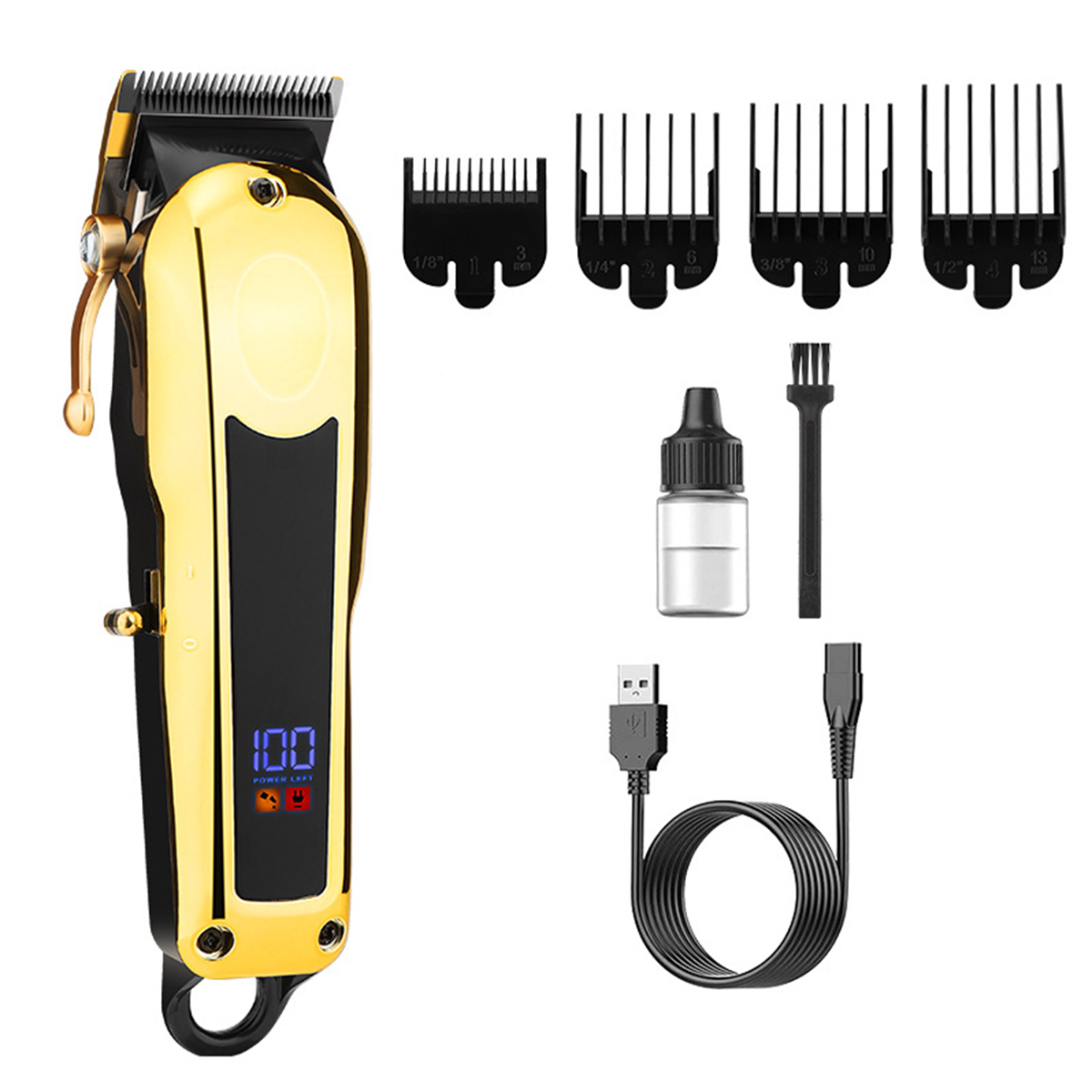 Gold-schwarze Haarschneidemaschine mit Zubehör, einschließlich Kämmen, Öl und Ladekabel.