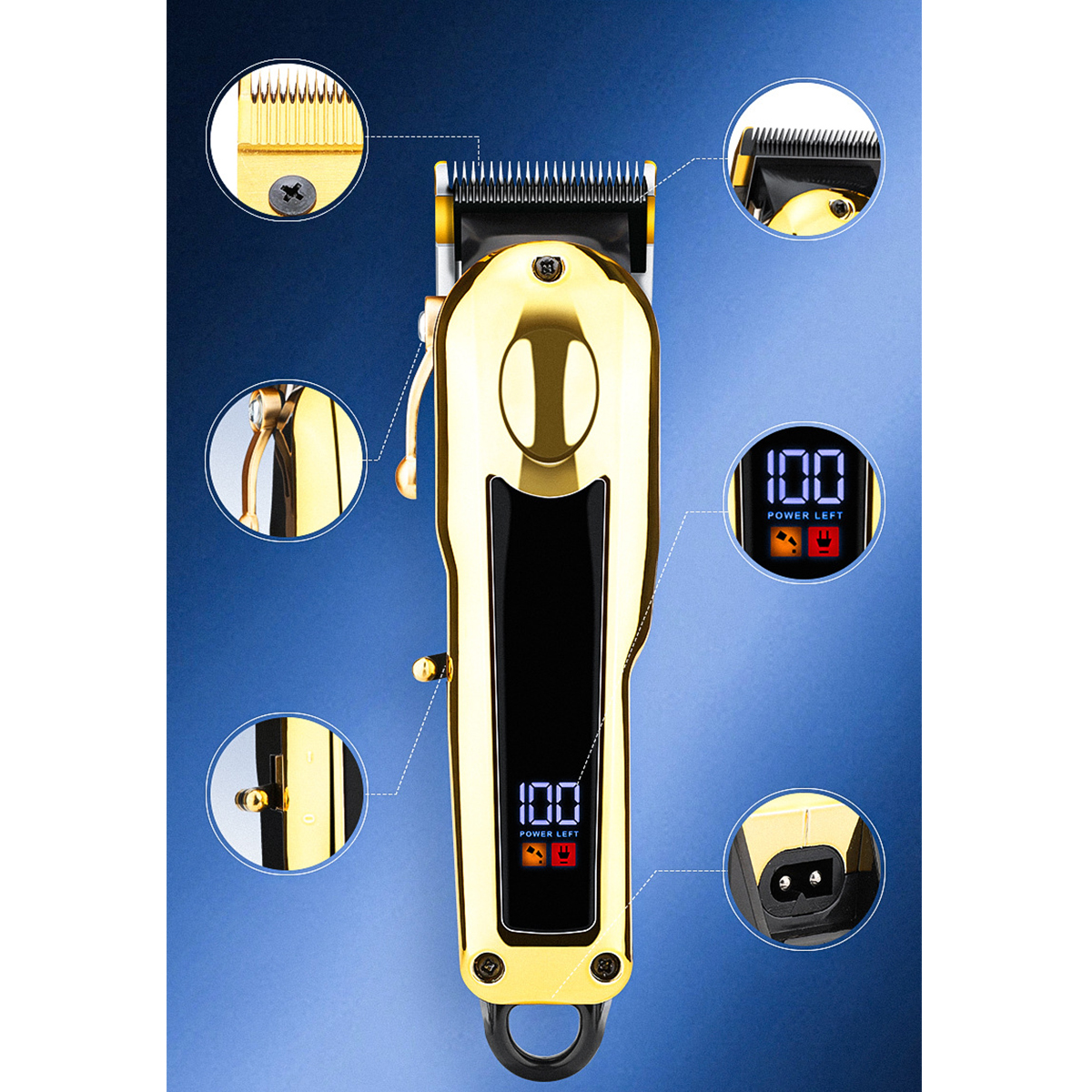 Ein goldener Haarschneider mit Digitalanzeige '100 POWER LEFT'. Es gibt mehrere Detailansichten.
