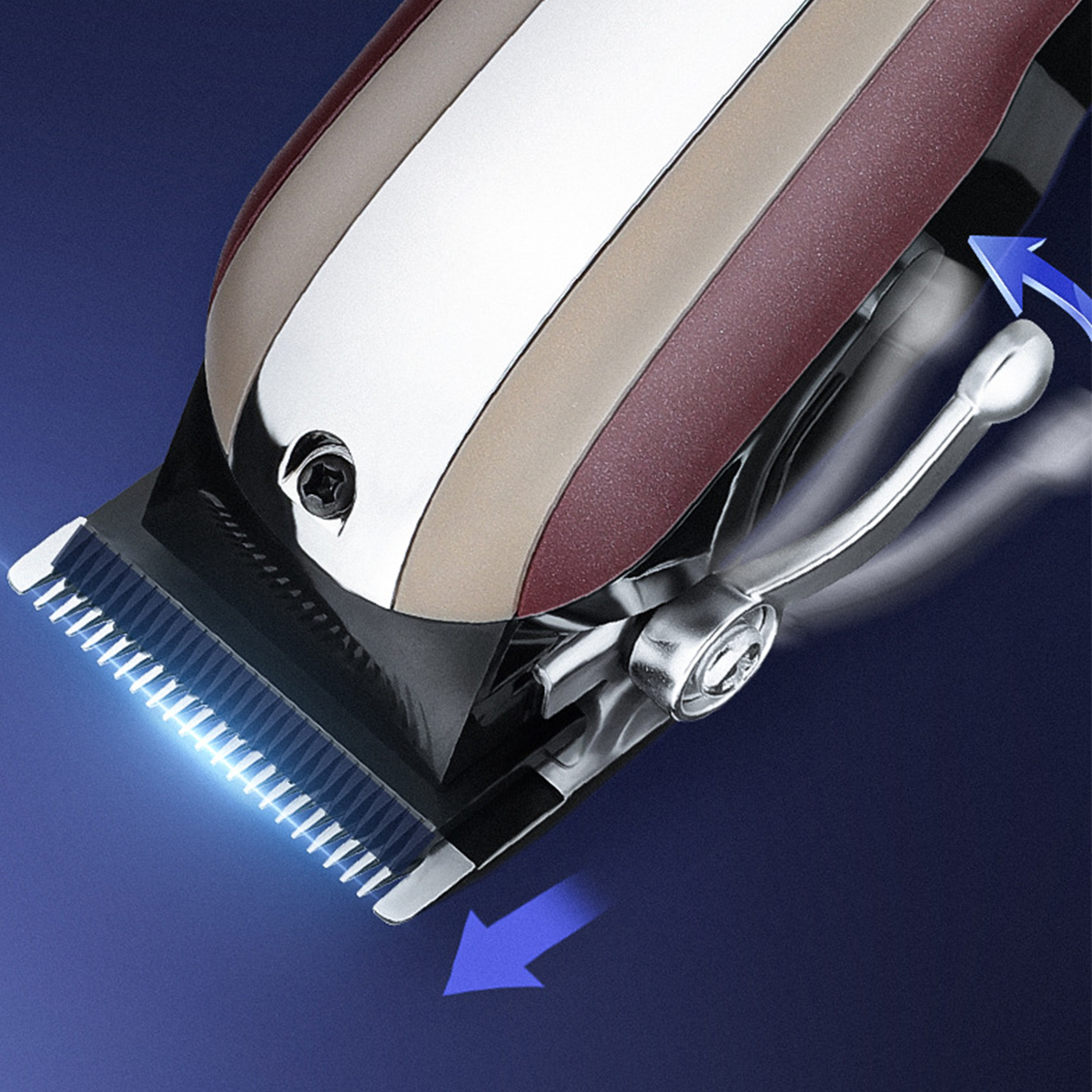 Haarschneider mit metallischen und burgunderfarbenen Akzenten, mit blauen Pfeilen, die die Aktion anzeigen.