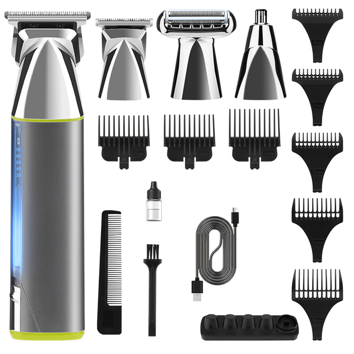 SHAOKE Multifunktionales Herren Haarschneide-Set und 4-in-1 USB-C-Ladefunktion Haartrimmer-Akku LED-Anzeige mit Silber