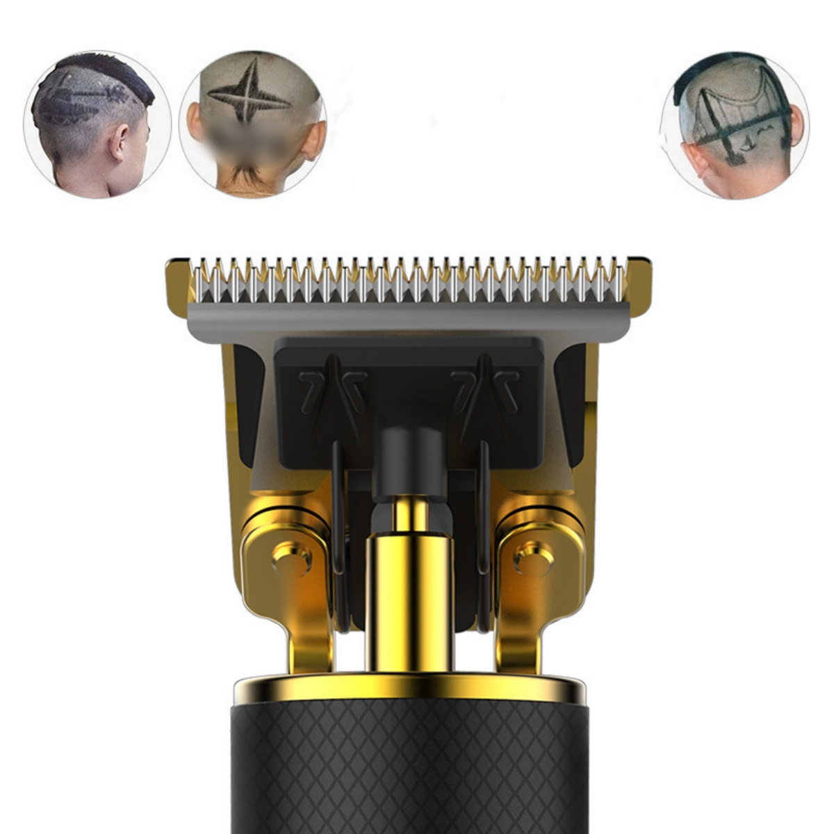 Gold-schwarzer Haarschneider. Drei Frisuren sind im Hintergrund gezeigt.