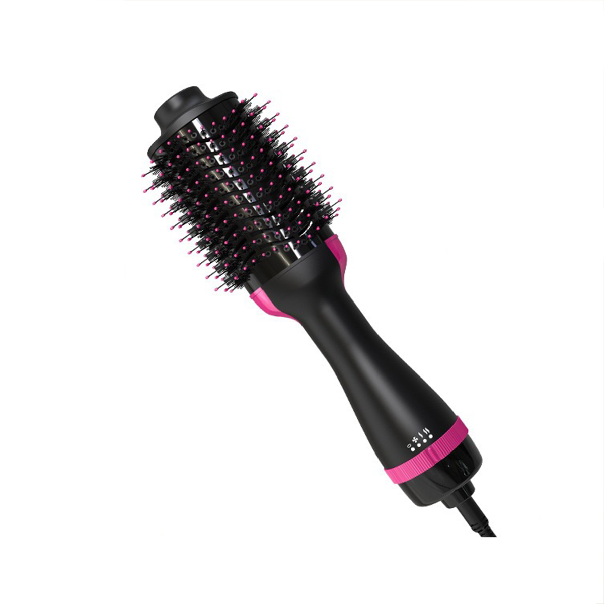 Schwarz-rosa Haartrocknerbürste. Die Bürste hat rosa Borsten. Sie hat einen schwarzen Griff.