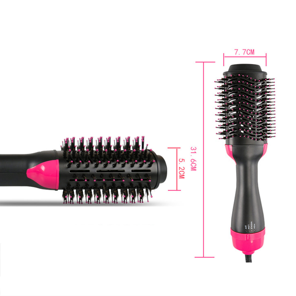 Eine schwarz-pinke Haartrocknerbürste mit Maßbeschriftungen. Sie zeigt Größe und Abmessungen.