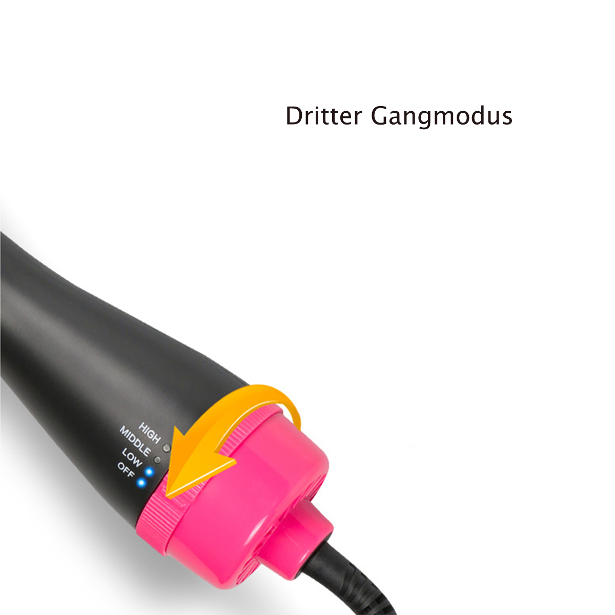 Ein pinkes und schwarzes Haarstyling-Tool, das das Einstellrad mit einem Pfeil nach unten zeigt.