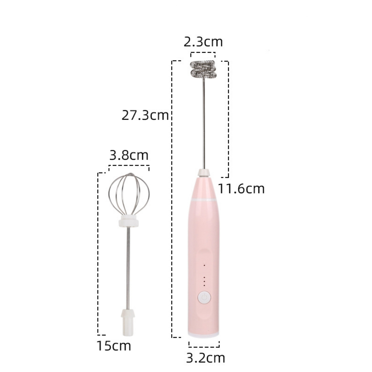 Ein rosa Milchaufschäumer mit Abmessungen vor weißem Hintergrund.